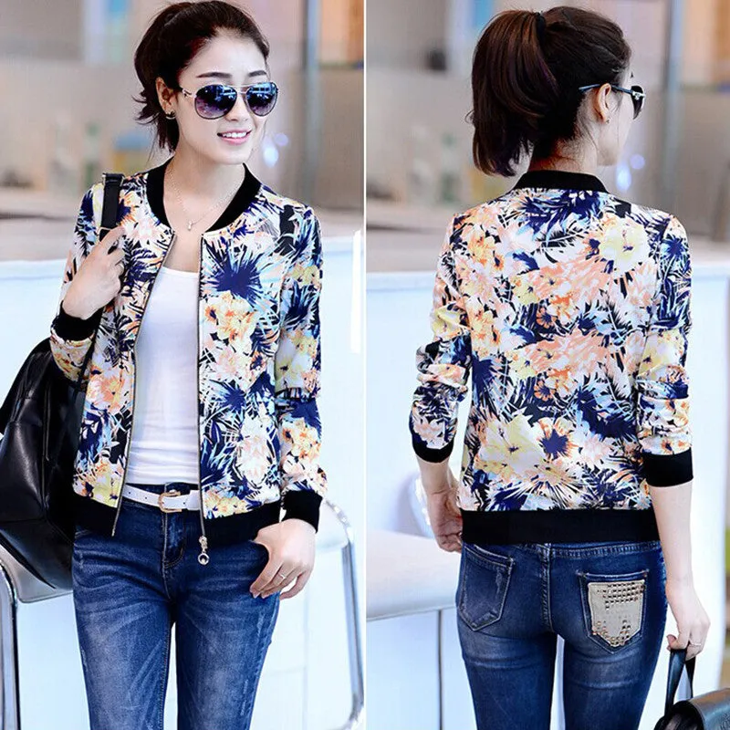 2016 New Autumn Vintage Coat Sweet Floral Print Bomber Jacket Women Long-sleeved Bomber Short Zipper Jacket Coats