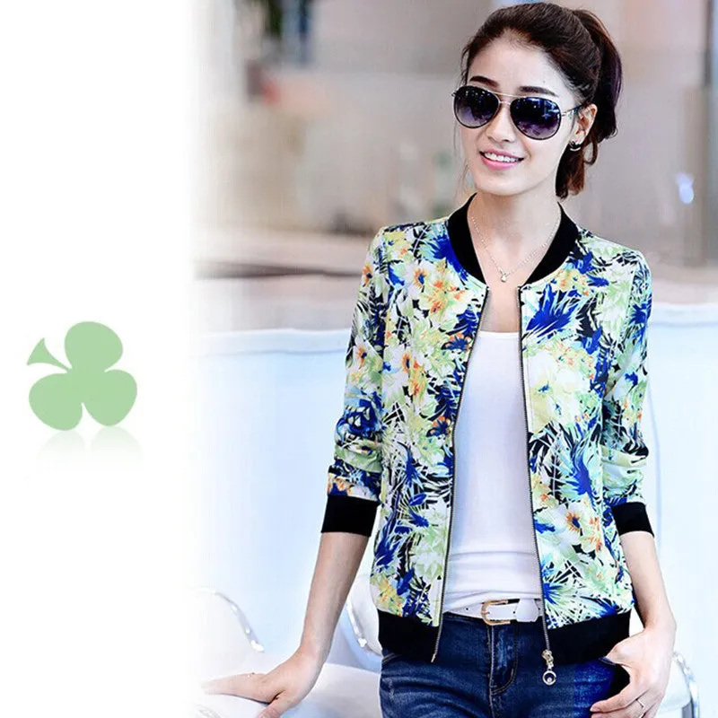 2016 New Autumn Vintage Coat Sweet Floral Print Bomber Jacket Women Long-sleeved Bomber Short Zipper Jacket Coats