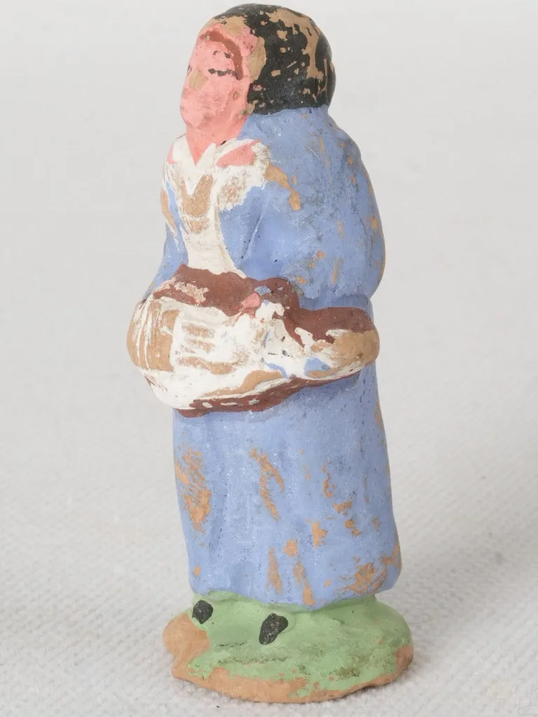 Antique French Terracotta Santon Village Woman in Blue Dress