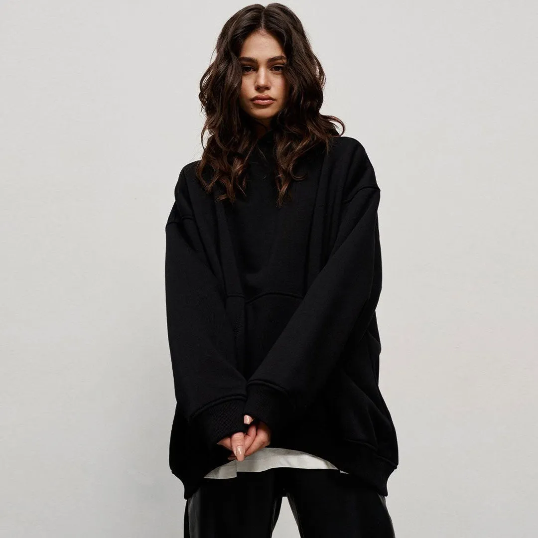 Athletic Style Oversized Drop Shoulder Winter Hooded Sweatshirt - Black