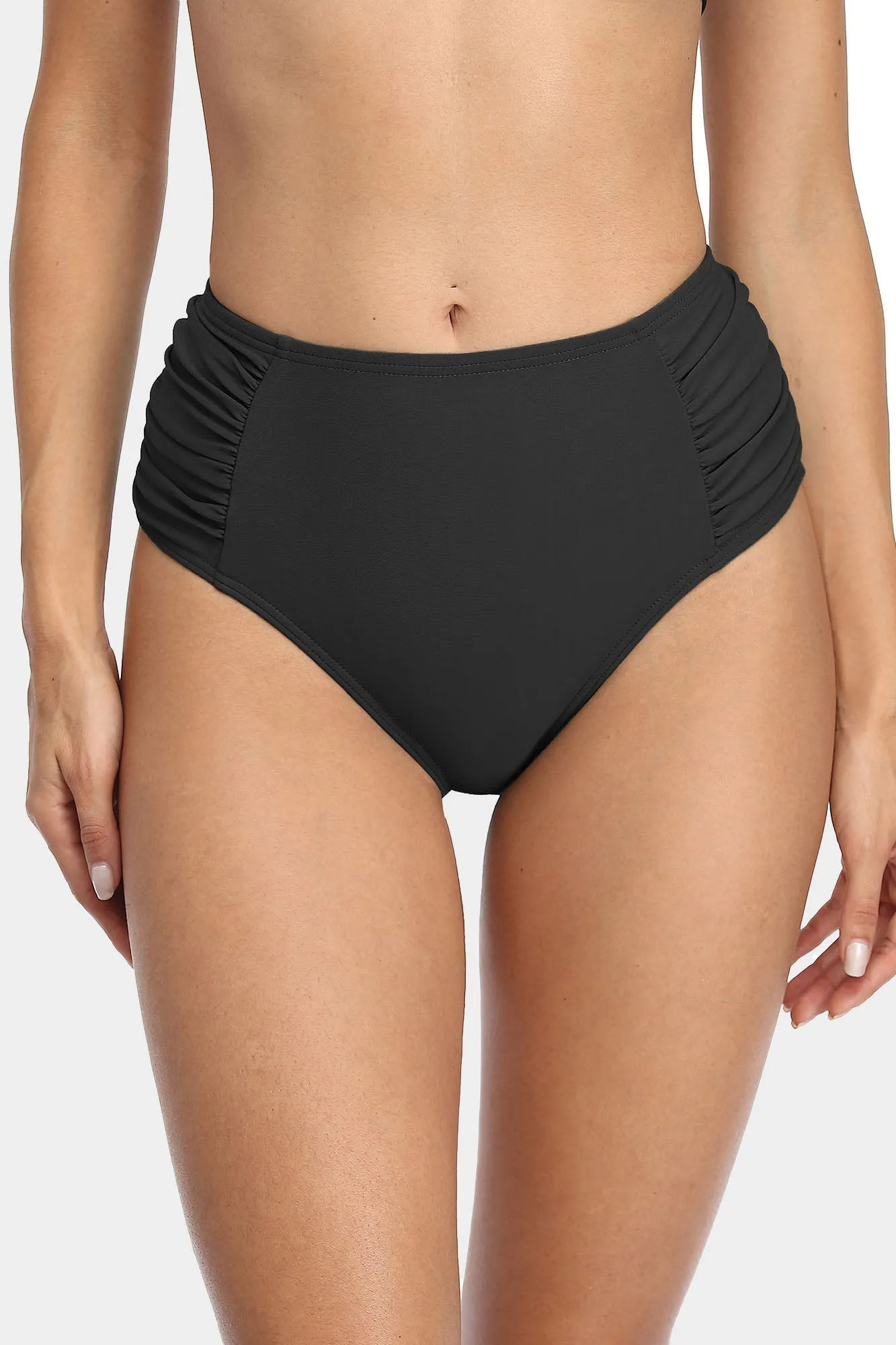 Attraco Women's Solid High Waisted Pleated Bikini Swim Bottom