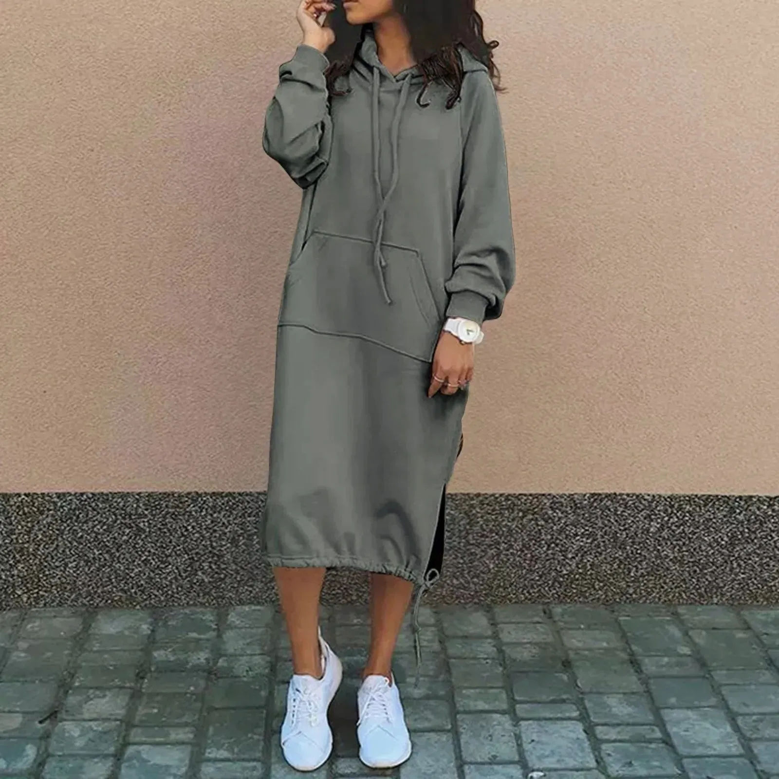 Autumn Oversize Solid Color Hoodies Sweatshirt Long Trendy Winter Warm Casual Lady Streetwear Casual 2024 Dress