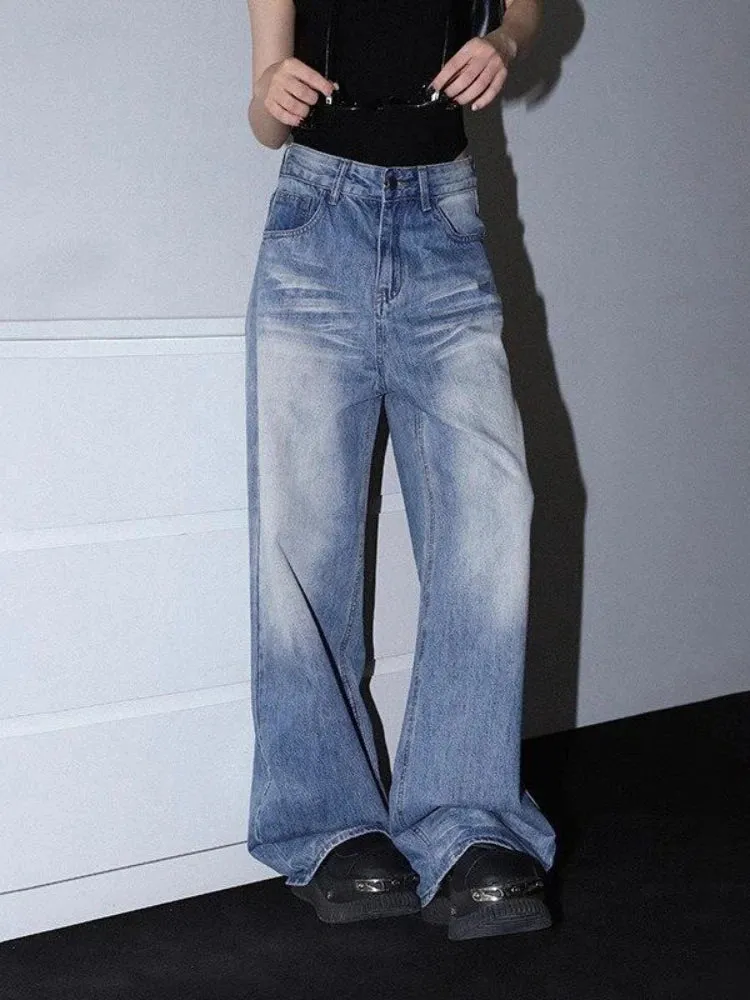 Blue Waist Jeans Women Y2k Vintage Baggy Straight Wide Leg Denim Pants