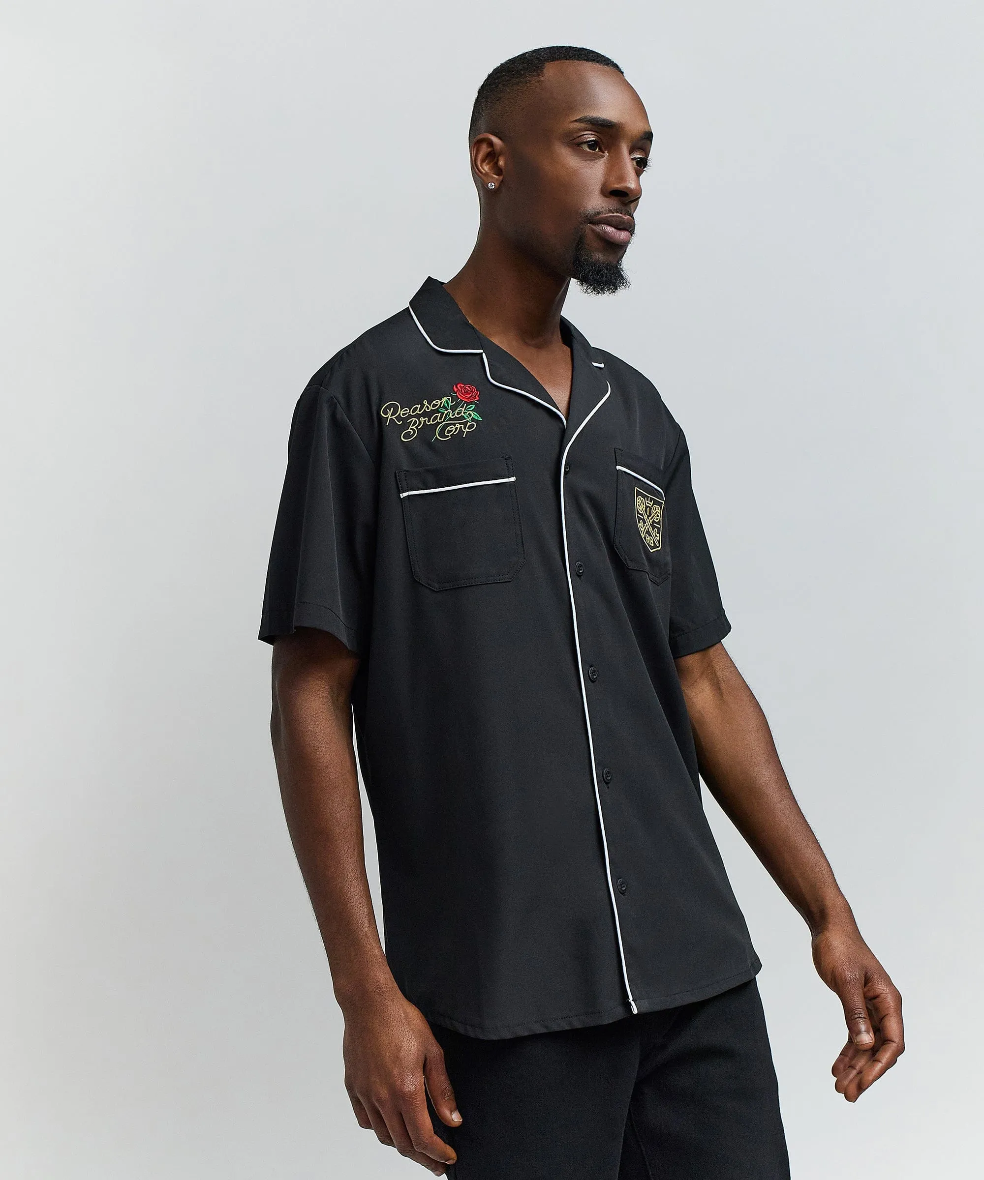 Clubmaster Short Sleeve Embroidered Button Down Shirt - Black