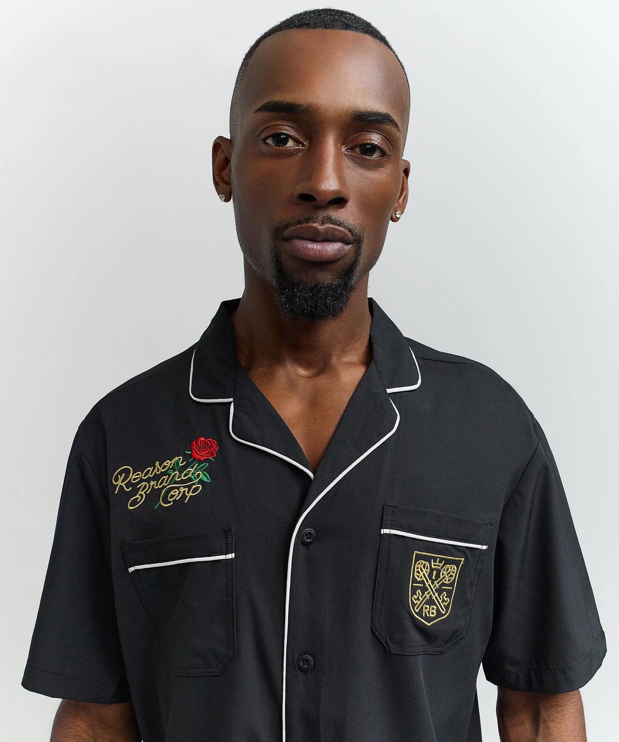 Clubmaster Short Sleeve Embroidered Button Down Shirt - Black