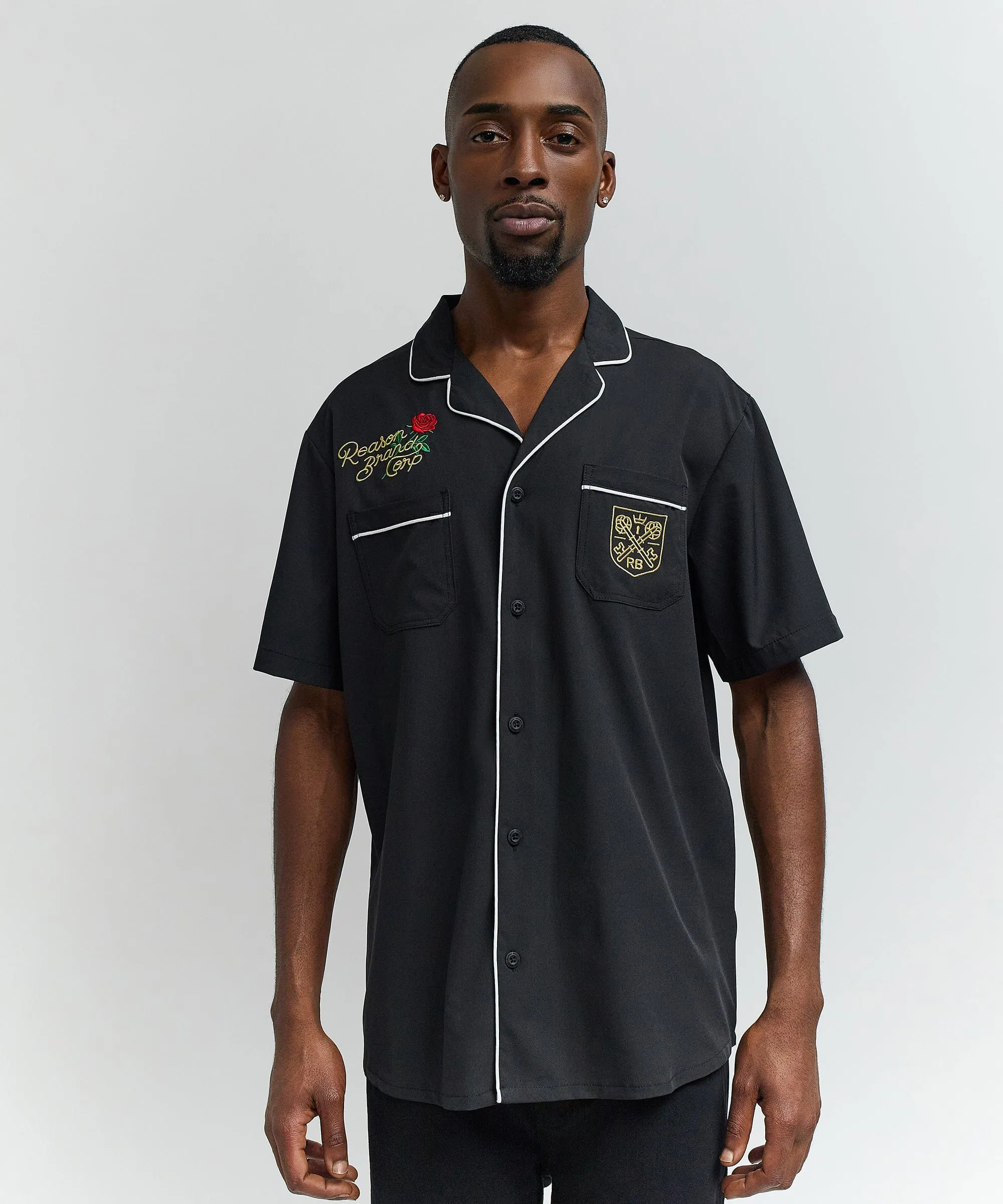 Clubmaster Short Sleeve Embroidered Button Down Shirt - Black