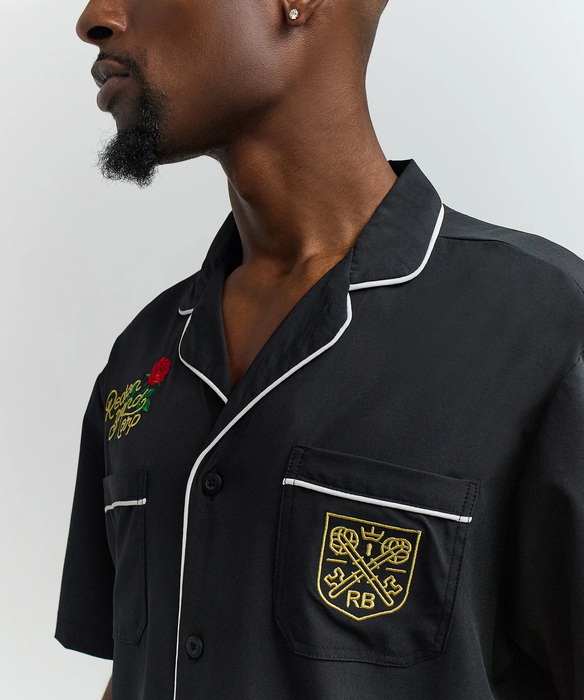 Clubmaster Short Sleeve Embroidered Button Down Shirt - Black