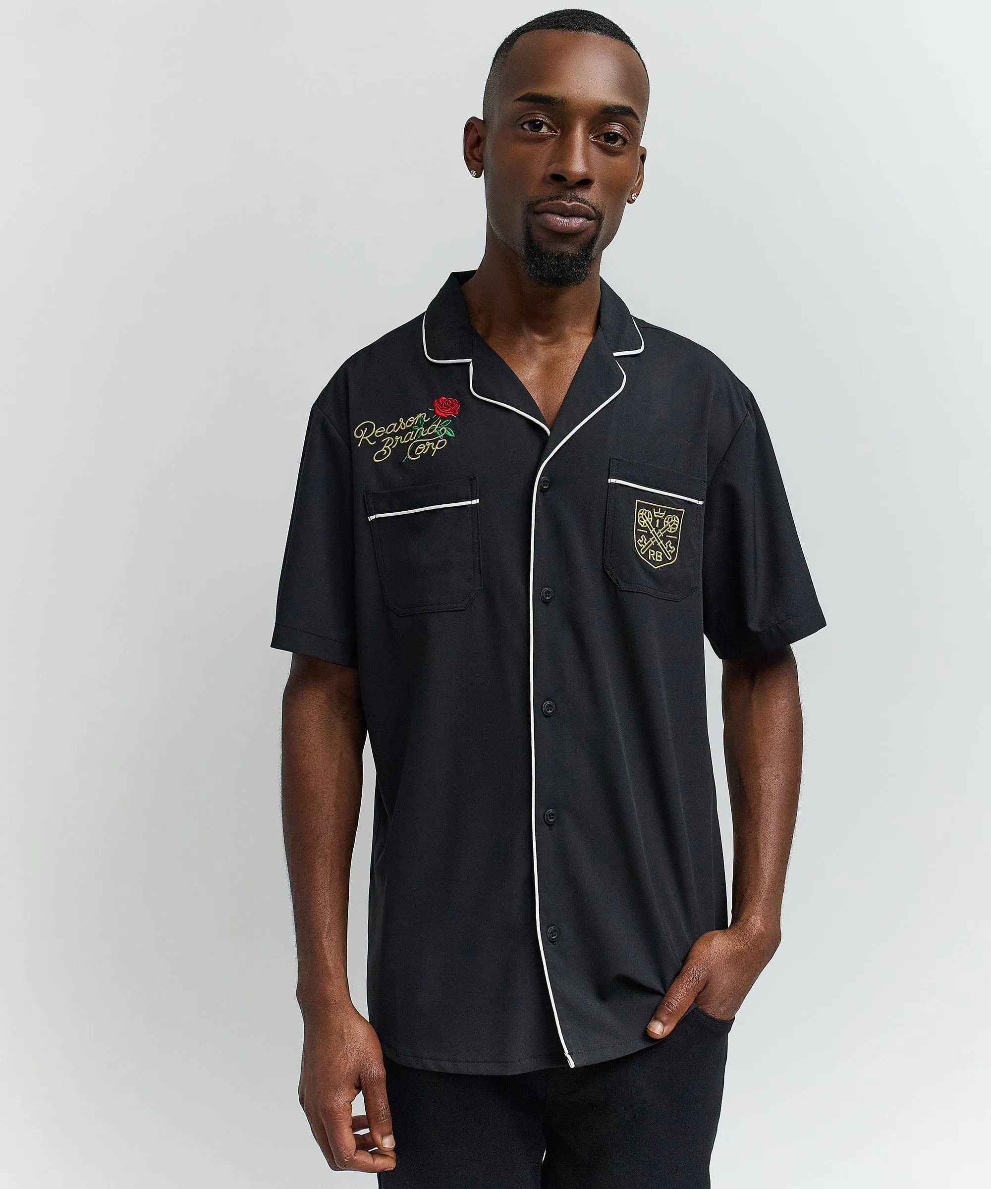 Clubmaster Short Sleeve Embroidered Button Down Shirt - Black