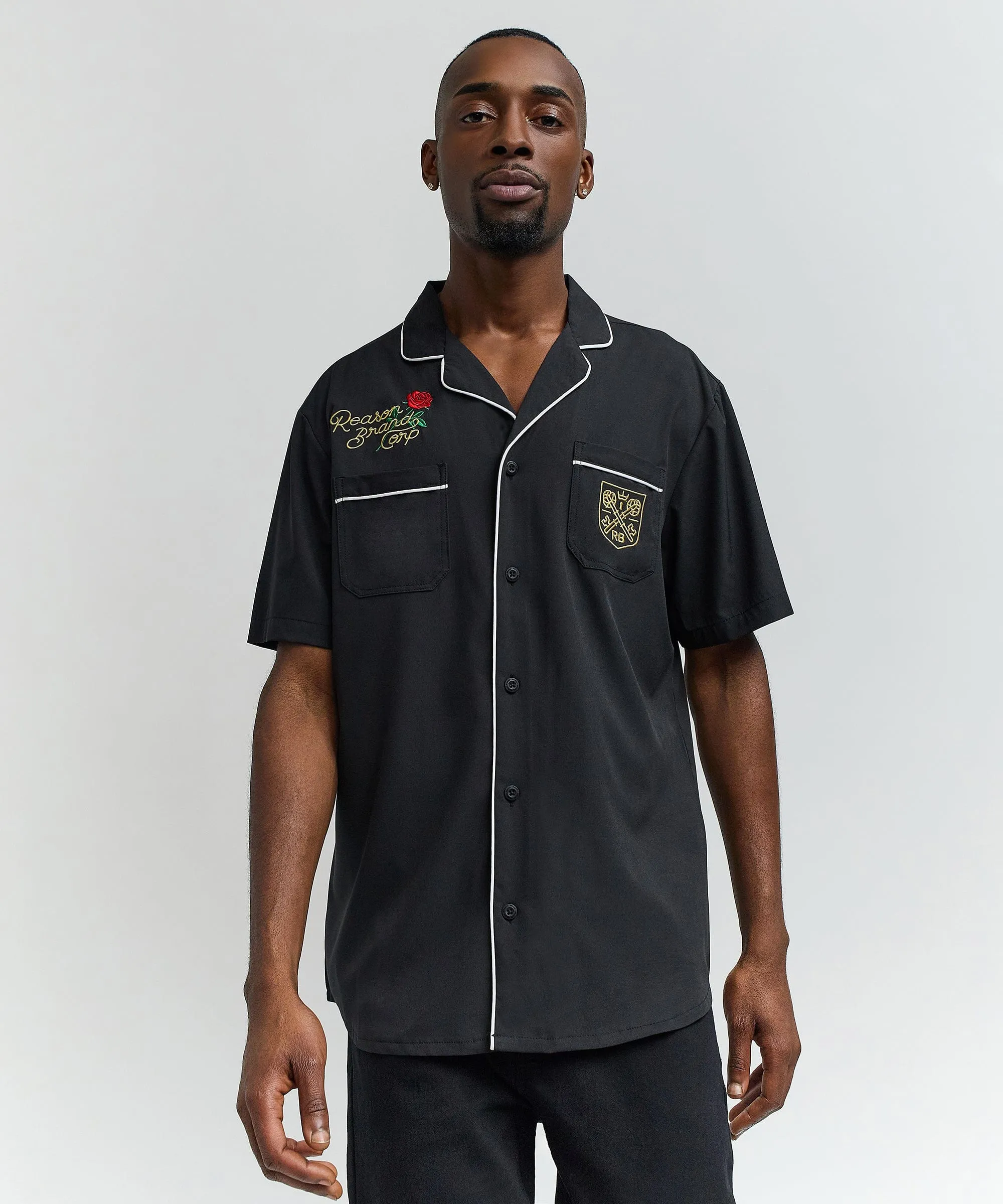 Clubmaster Short Sleeve Embroidered Button Down Shirt - Black