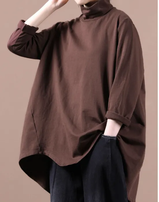 Coffee Loose Fall Women Cotton Tops Women Blouse Overall H9506