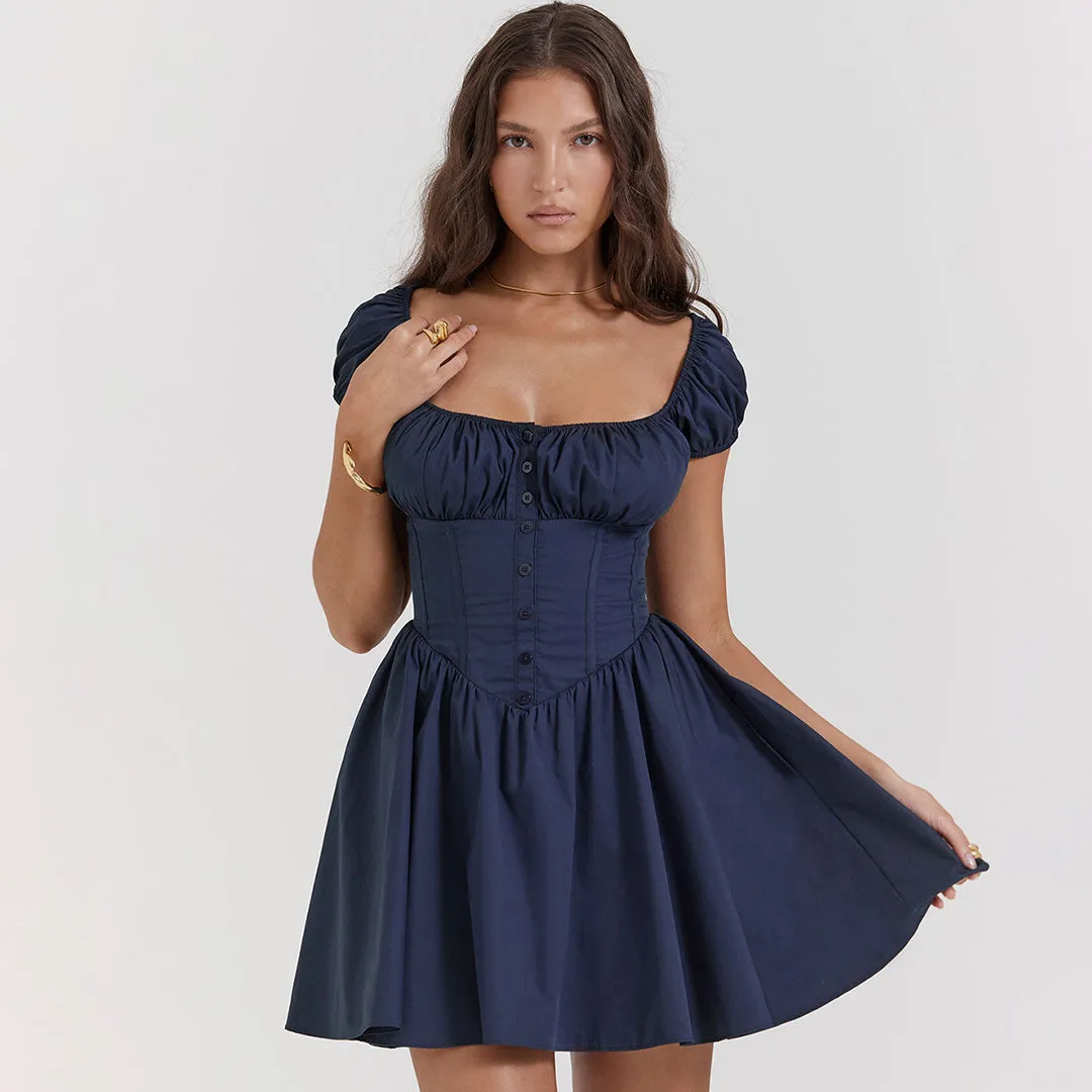 Cute Puff Sleeve Button Trim Drop Waist Fit and Flare Corset Mini Dress - Navy Blue