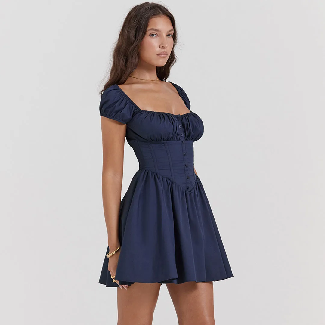 Cute Puff Sleeve Button Trim Drop Waist Fit and Flare Corset Mini Dress - Navy Blue