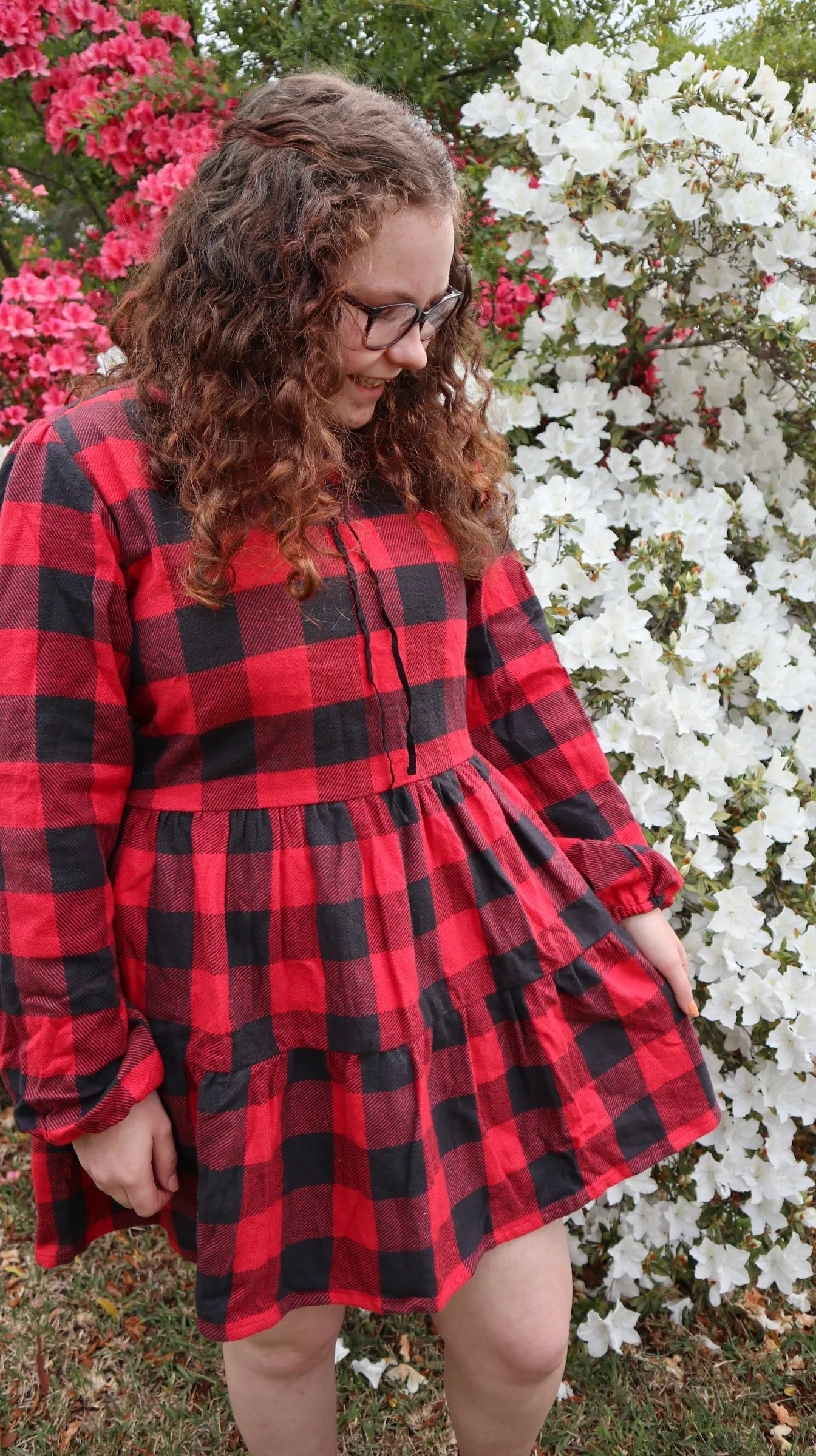 Fair Trade Red and Black Checkered Puffed Sleeve Twill Dress