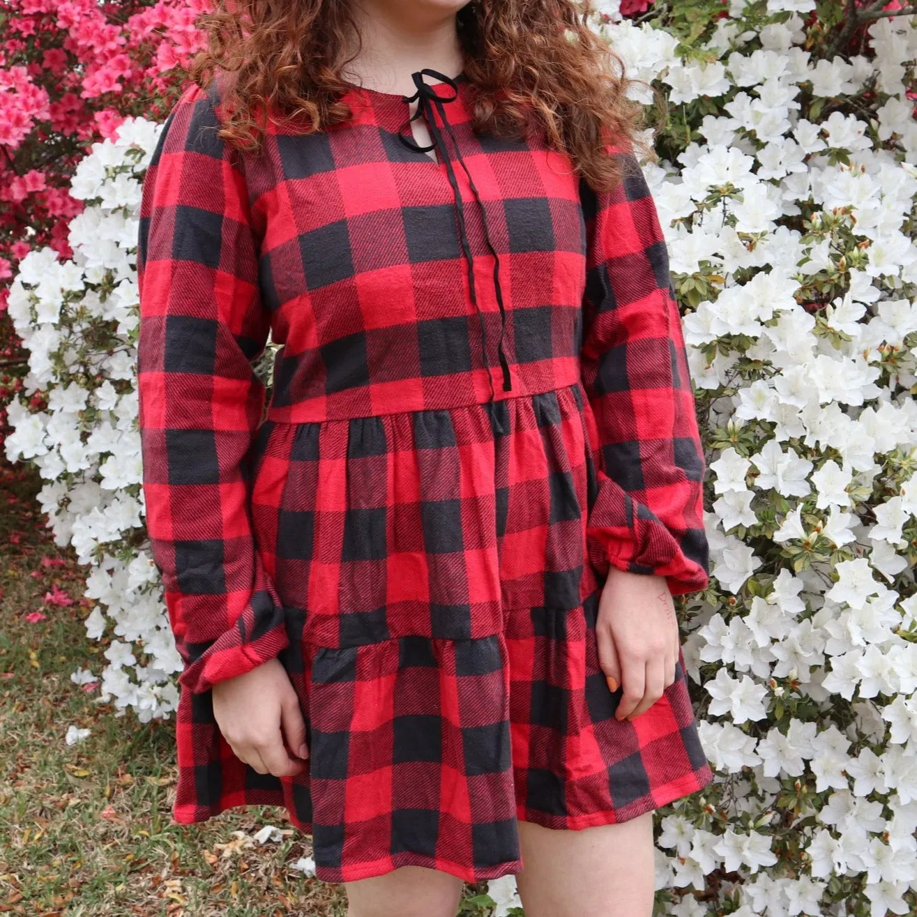 Fair Trade Red and Black Checkered Puffed Sleeve Twill Dress