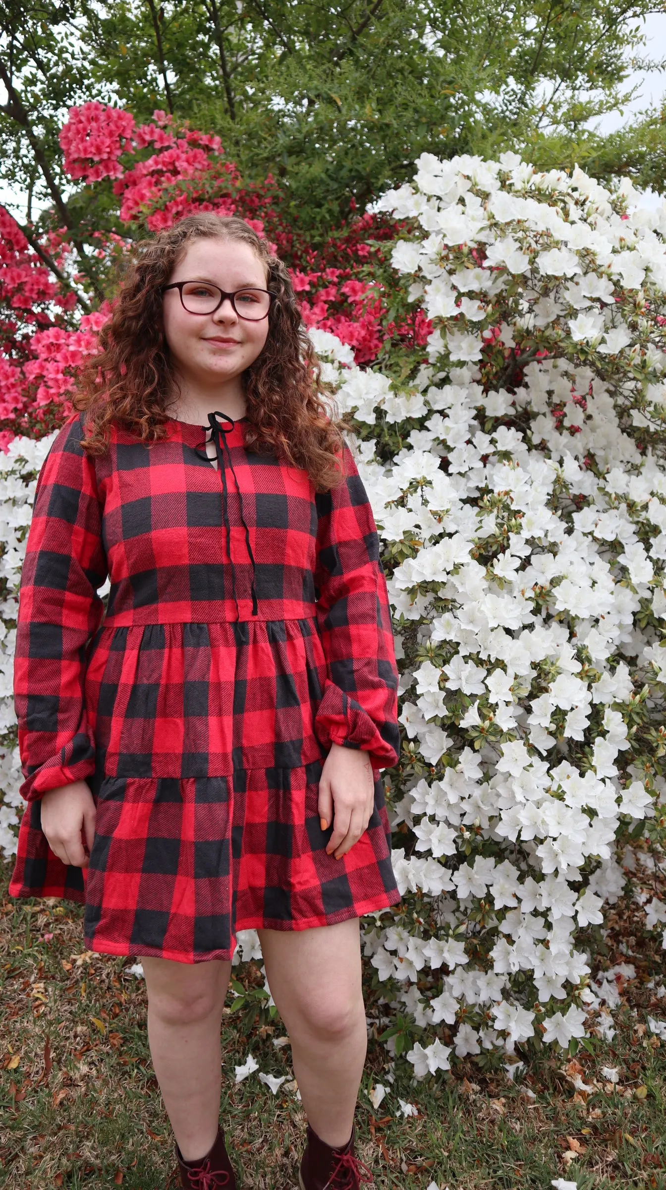 Fair Trade Red and Black Checkered Puffed Sleeve Twill Dress