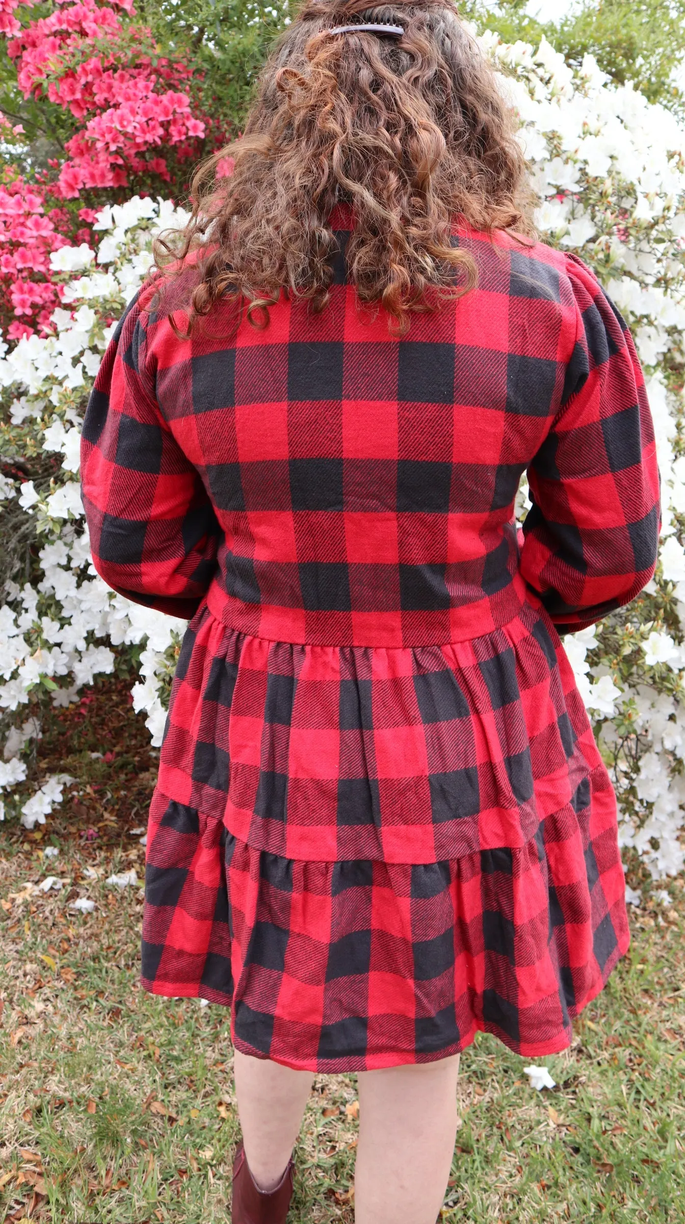 Fair Trade Red and Black Checkered Puffed Sleeve Twill Dress