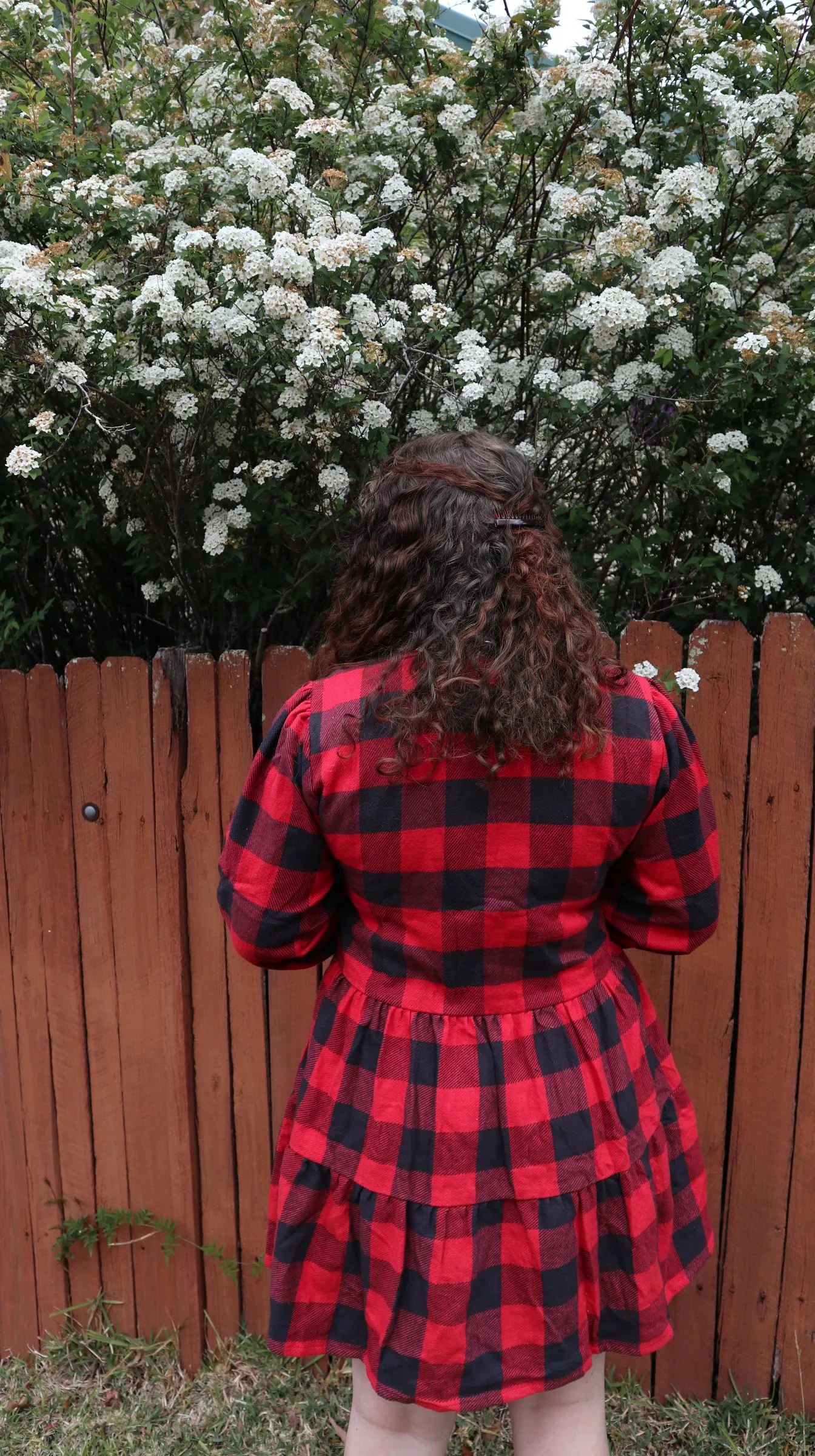 Fair Trade Red and Black Checkered Puffed Sleeve Twill Dress