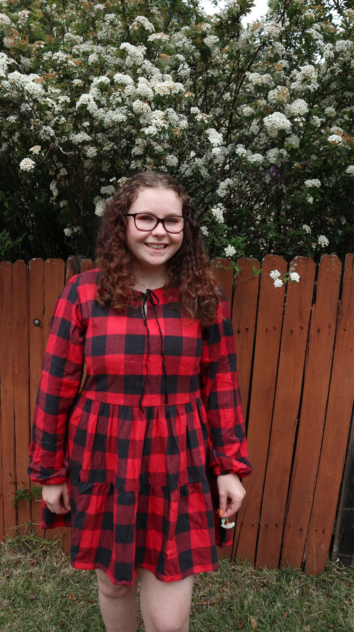 Fair Trade Red and Black Checkered Puffed Sleeve Twill Dress