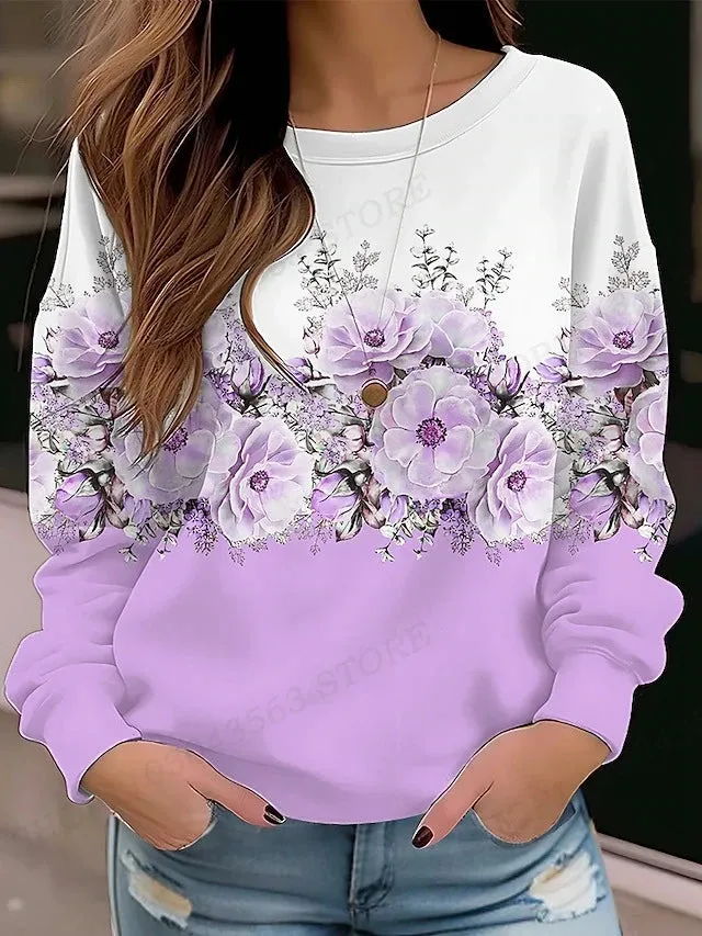 Floral Hoodie O-neck Y2k Hoodie Women Fashion Hoodies Girl Coats Women Sweats Flower Clothes Gifts Coats Round Neck Pullovers