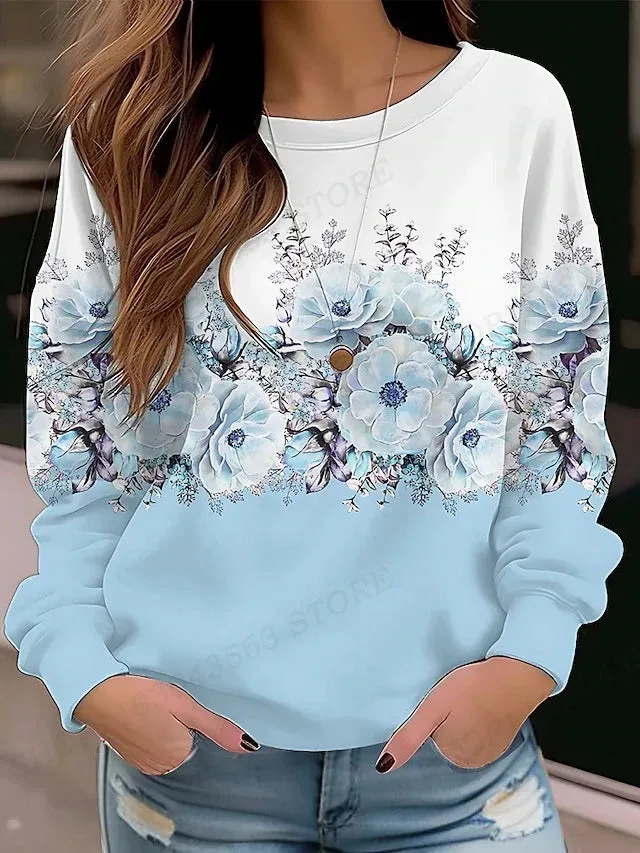 Floral Hoodie O-neck Y2k Hoodie Women Fashion Hoodies Girl Coats Women Sweats Flower Clothes Gifts Coats Round Neck Pullovers