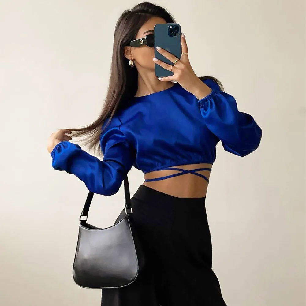 Glossy Satin Tie String Long Sleeve Crew Neck Wrapped Crop Top - Royal Blue