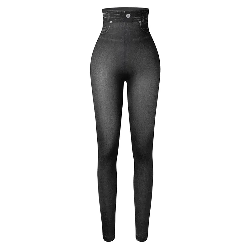 High Waist Faux Denim Print Leggings Women Sexy Skinny Pencil Pants Tummy Control Seamless Shapewear Trousers No Pocket