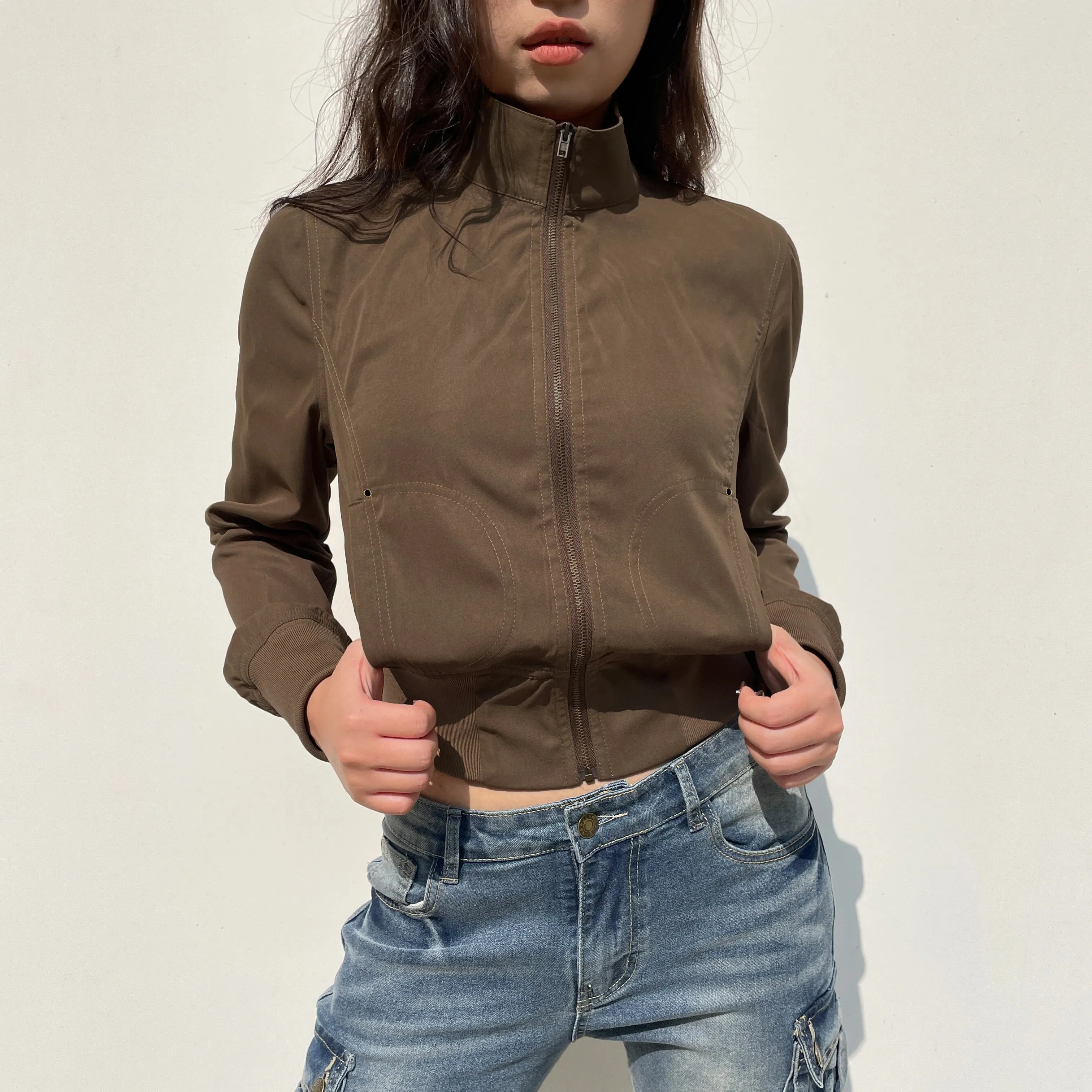 Hnewly Vintage Brown Cropped Jackets Women Harajuku Casual Slim Cargo Zipper Coat Y2K Streetwear Long Sleeve Outerwear Autumn