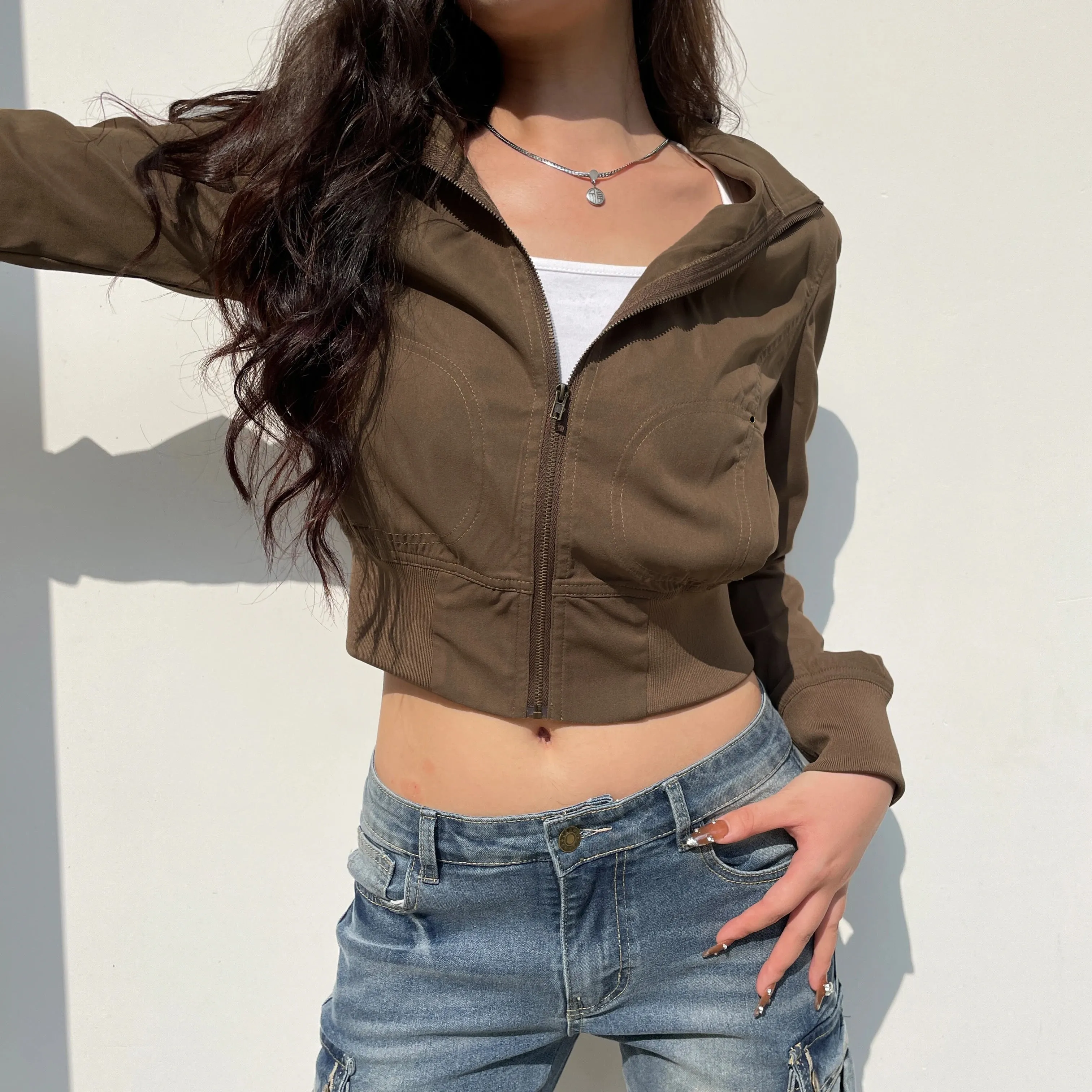 Hnewly Vintage Brown Cropped Jackets Women Harajuku Casual Slim Cargo Zipper Coat Y2K Streetwear Long Sleeve Outerwear Autumn