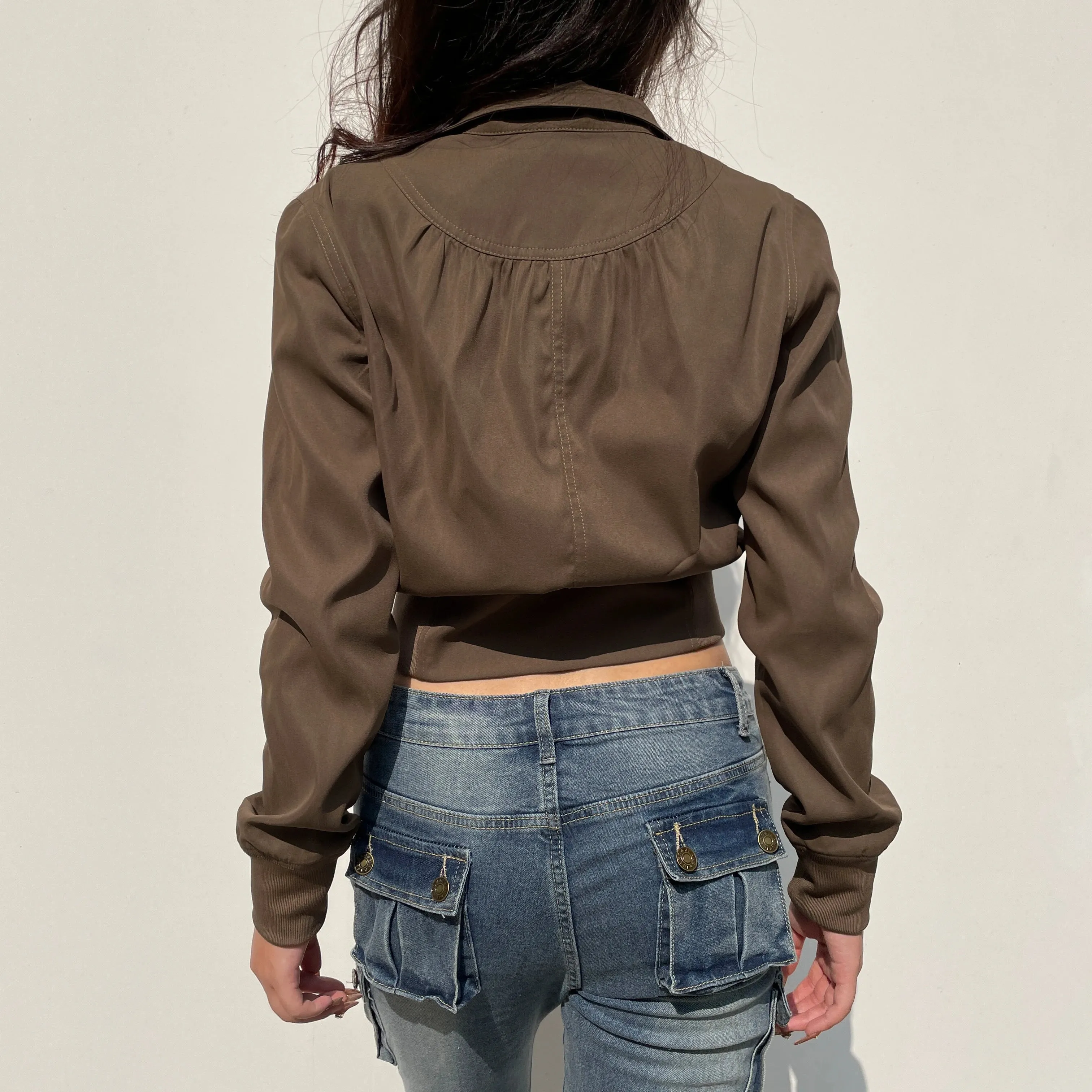 Hnewly Vintage Brown Cropped Jackets Women Harajuku Casual Slim Cargo Zipper Coat Y2K Streetwear Long Sleeve Outerwear Autumn