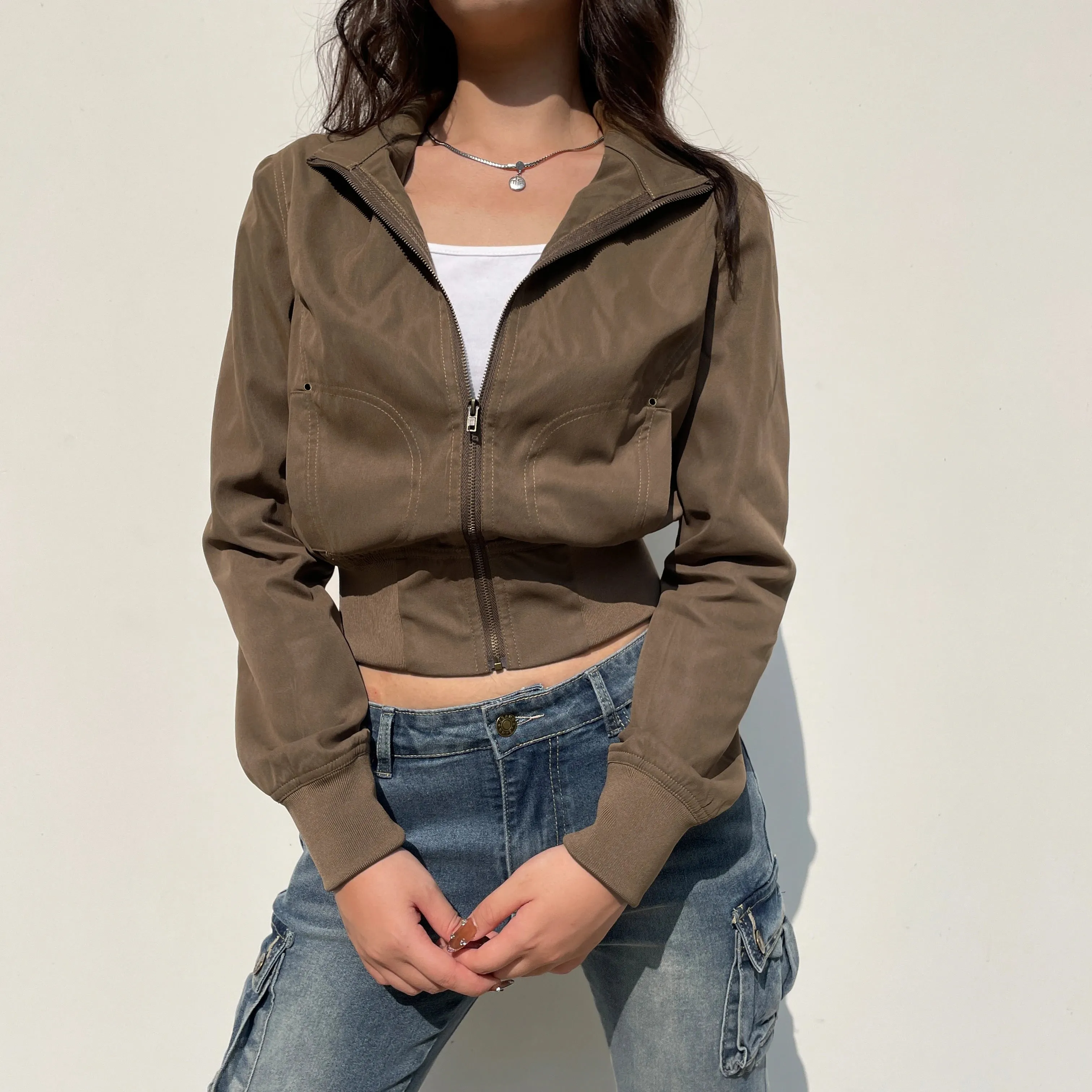 Hnewly Vintage Brown Cropped Jackets Women Harajuku Casual Slim Cargo Zipper Coat Y2K Streetwear Long Sleeve Outerwear Autumn