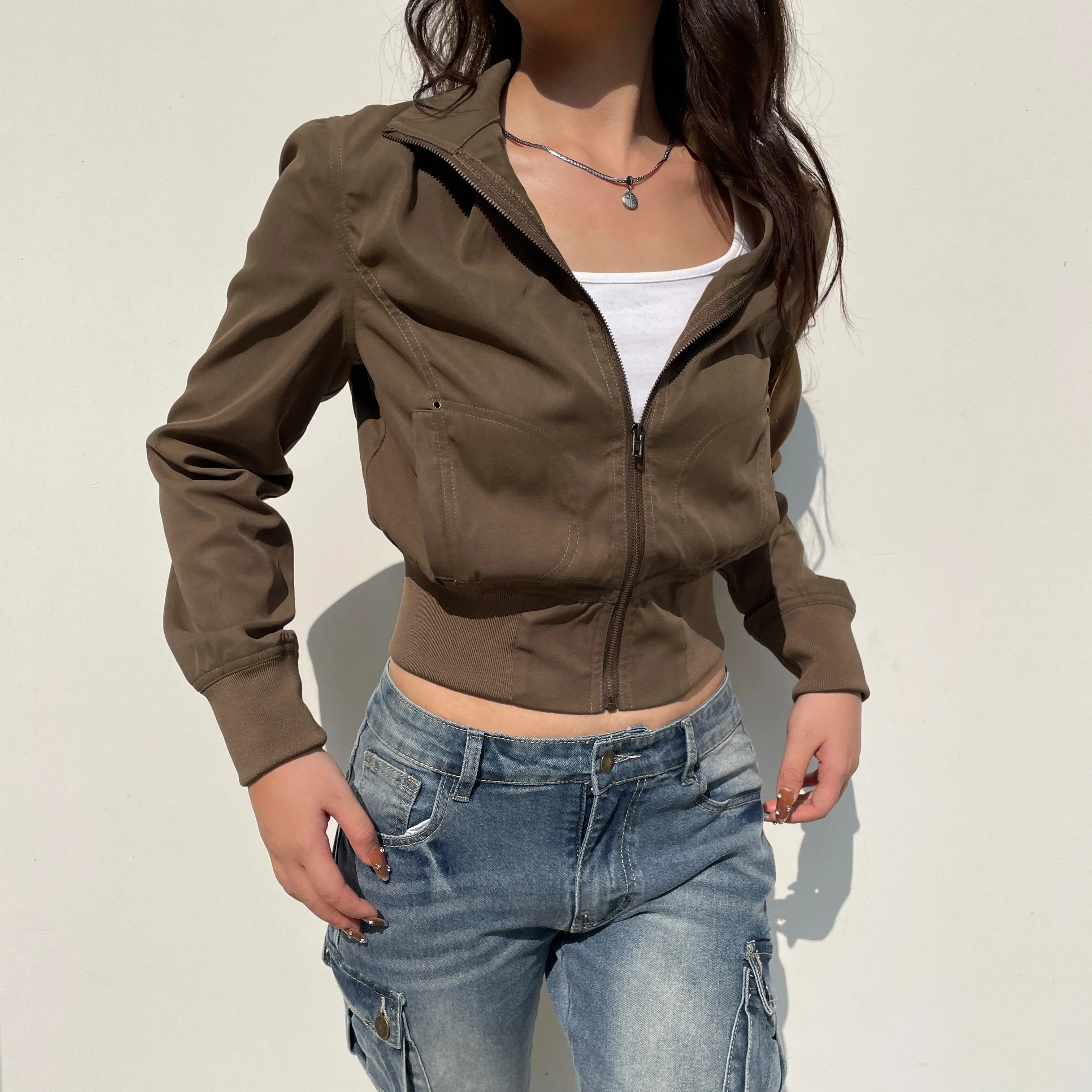 Hnewly Vintage Brown Cropped Jackets Women Harajuku Casual Slim Cargo Zipper Coat Y2K Streetwear Long Sleeve Outerwear Autumn