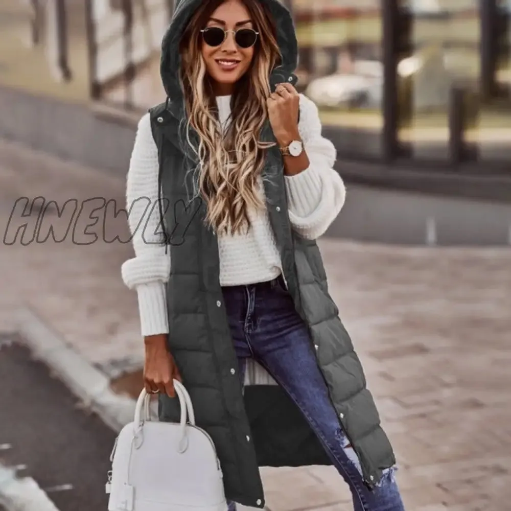 Hnewly Warm Winter Women Long Vests Fashion Hooded Sleeveless Casual Lady Brief Outwear Vest Blouse Shirts Coat Femme Sweatshirt