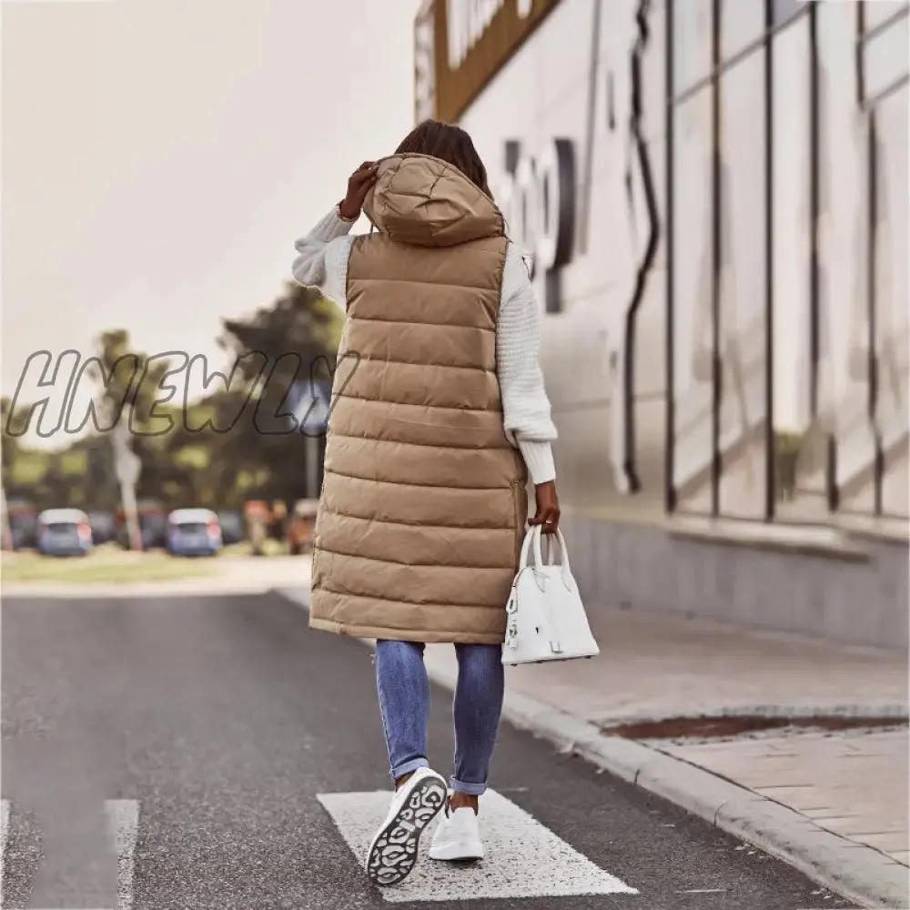 Hnewly Warm Winter Women Long Vests Fashion Hooded Sleeveless Casual Lady Brief Outwear Vest Blouse Shirts Coat Femme Sweatshirt