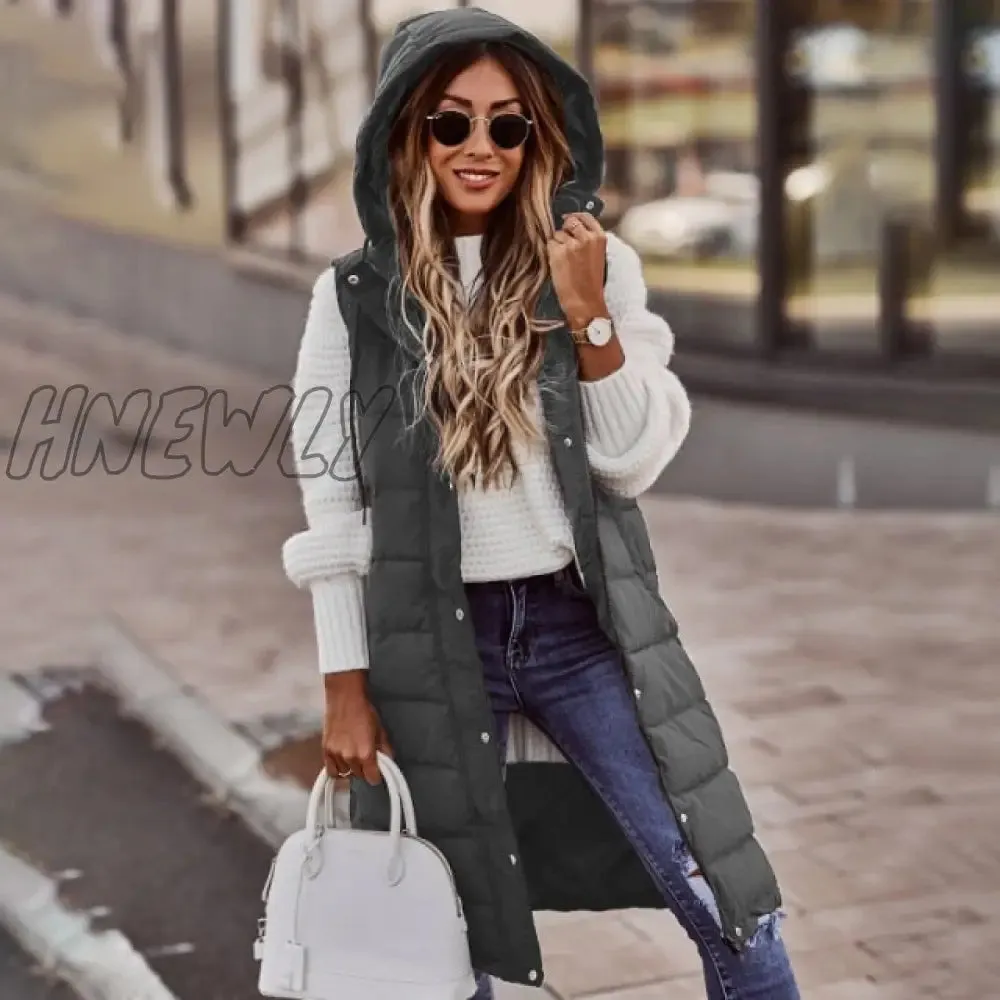 Hnewly Warm Winter Women Long Vests Fashion Hooded Sleeveless Casual Lady Brief Outwear Vest Blouse Shirts Coat Femme Sweatshirt