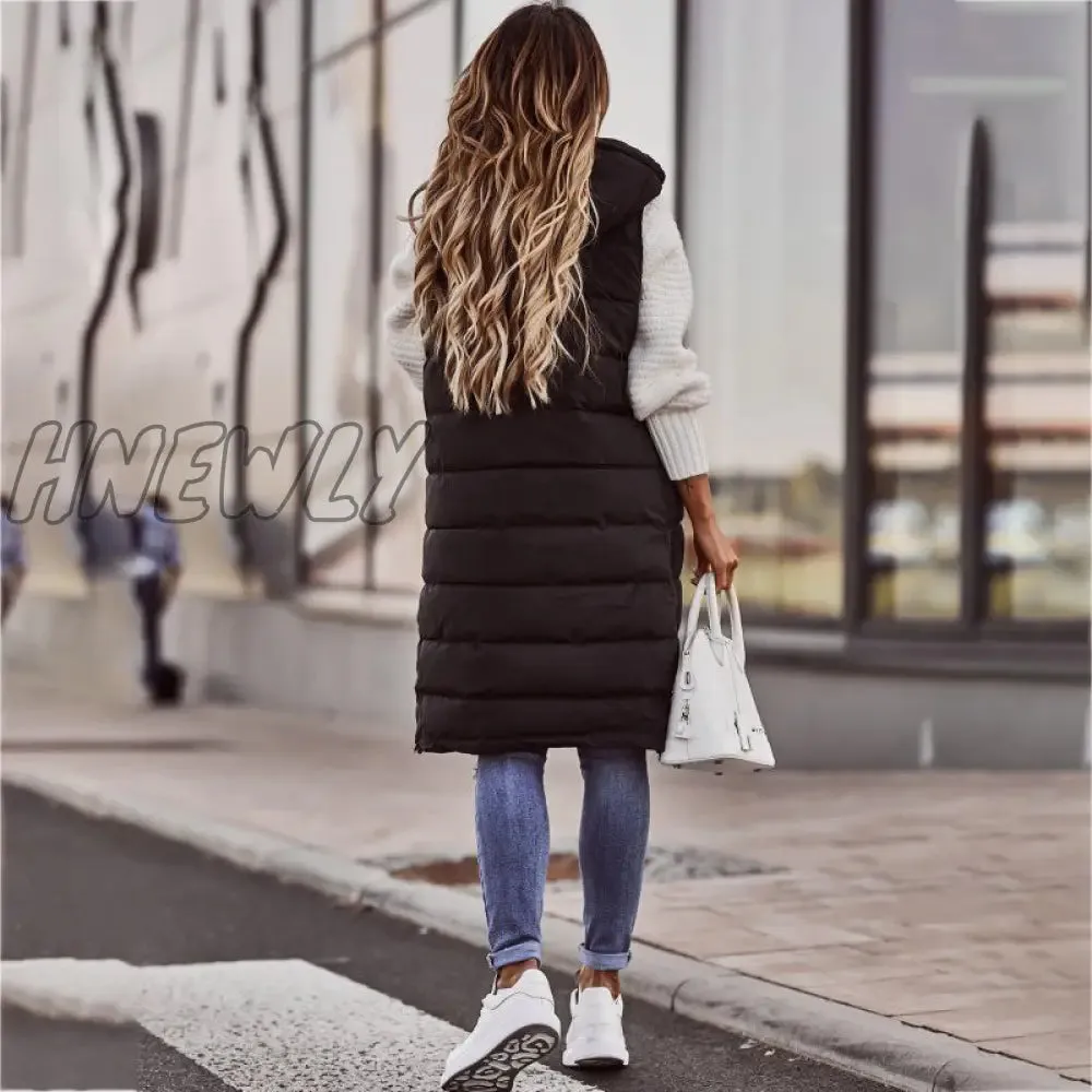 Hnewly Warm Winter Women Long Vests Fashion Hooded Sleeveless Casual Lady Brief Outwear Vest Blouse Shirts Coat Femme Sweatshirt