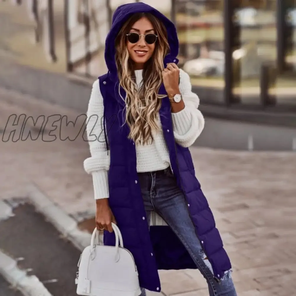 Hnewly Warm Winter Women Long Vests Fashion Hooded Sleeveless Casual Lady Brief Outwear Vest Blouse Shirts Coat Femme Sweatshirt