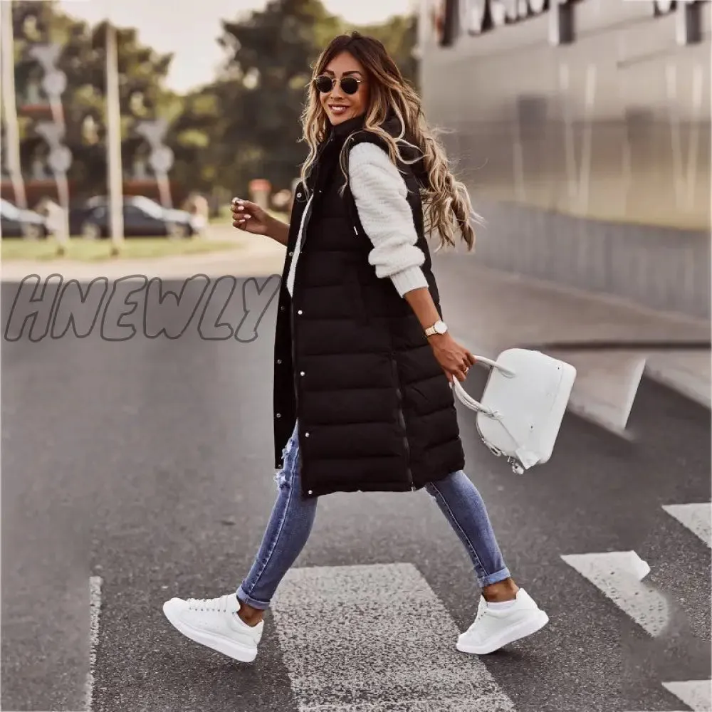 Hnewly Warm Winter Women Long Vests Fashion Hooded Sleeveless Casual Lady Brief Outwear Vest Blouse Shirts Coat Femme Sweatshirt