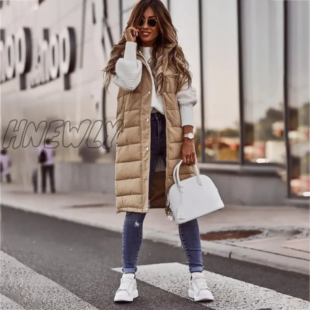 Hnewly Warm Winter Women Long Vests Fashion Hooded Sleeveless Casual Lady Brief Outwear Vest Blouse Shirts Coat Femme Sweatshirt