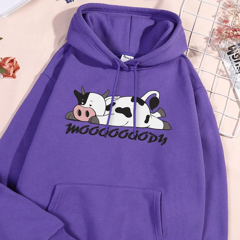 Kawaii Spotted Cow Printing Hoodie Women's Autumn Loose Hoody Casual Fleece Sweatshirt Crewneck Pullover Clothing