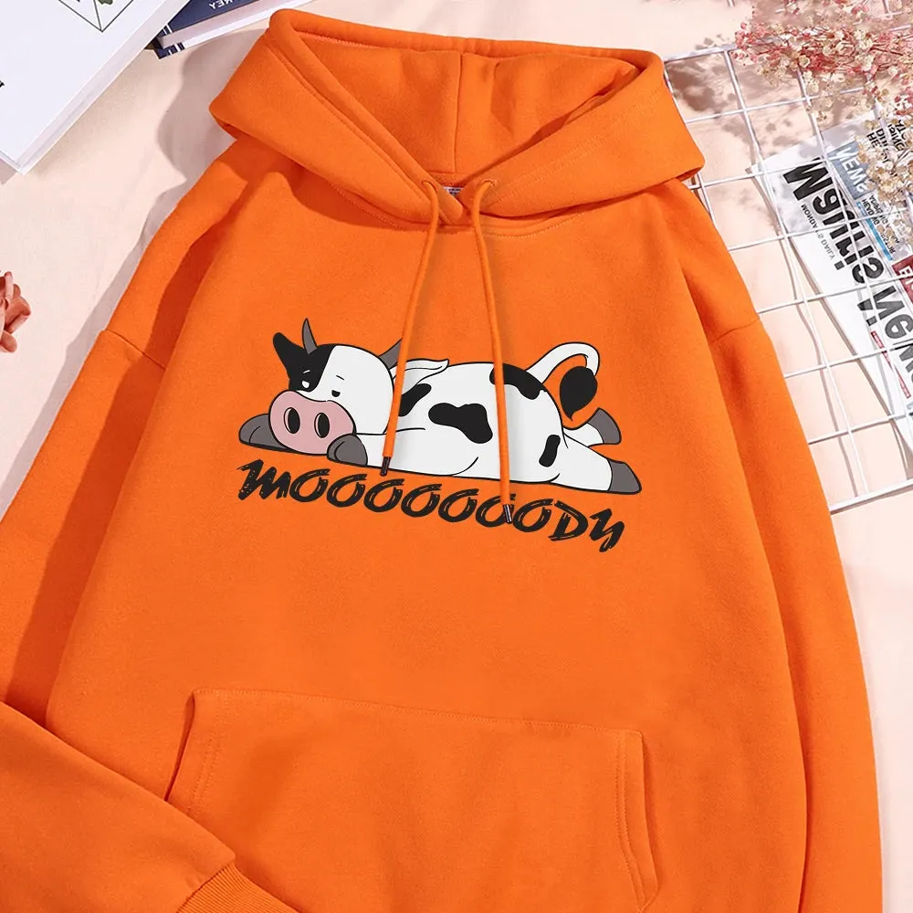 Kawaii Spotted Cow Printing Hoodie Women's Autumn Loose Hoody Casual Fleece Sweatshirt Crewneck Pullover Clothing