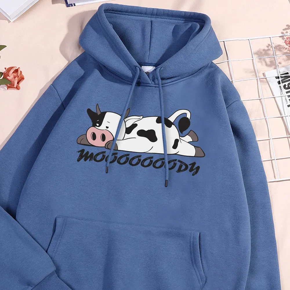 Kawaii Spotted Cow Printing Hoodie Women's Autumn Loose Hoody Casual Fleece Sweatshirt Crewneck Pullover Clothing