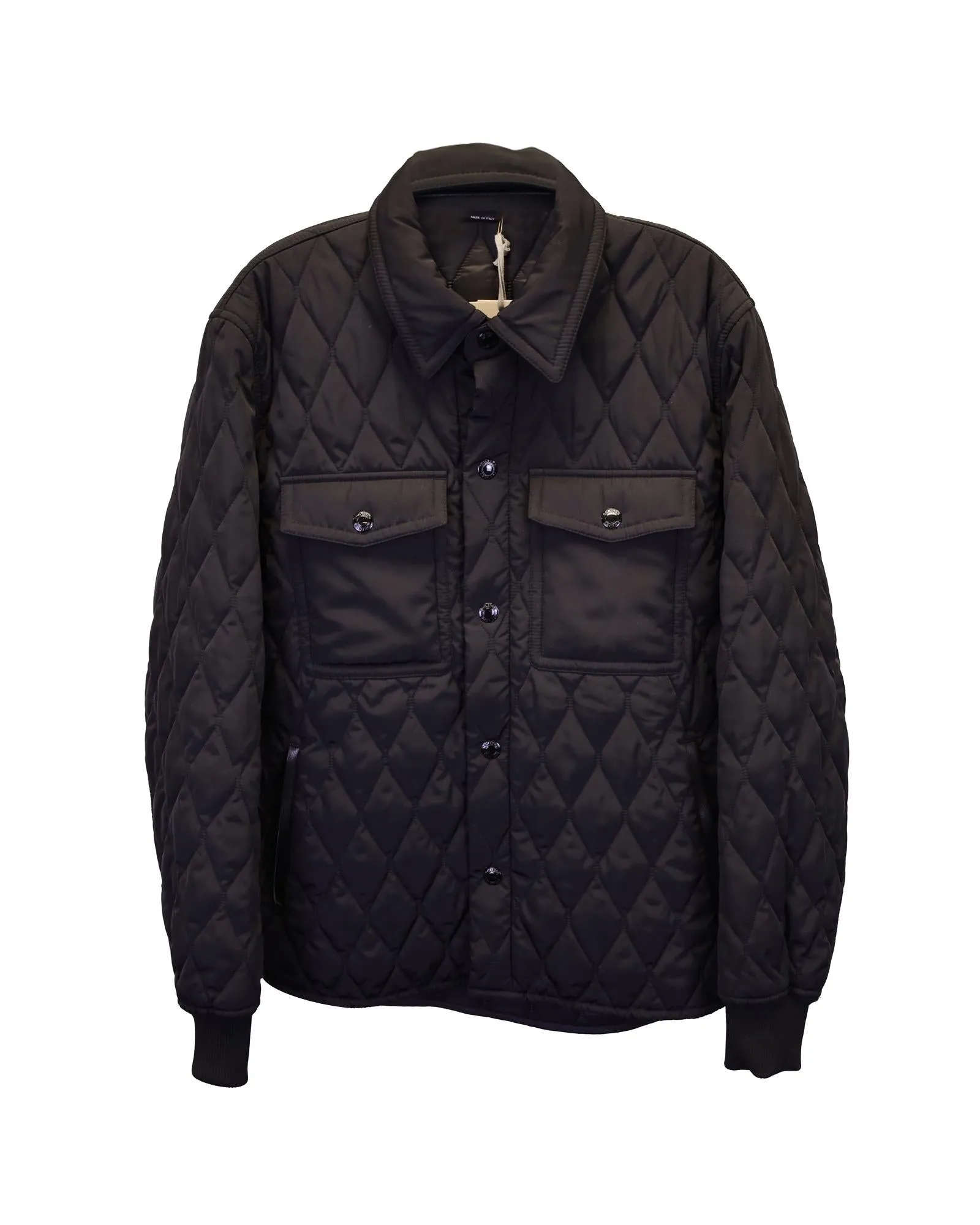 Leather-Trimmed Quilted Jacket in Black Polyester