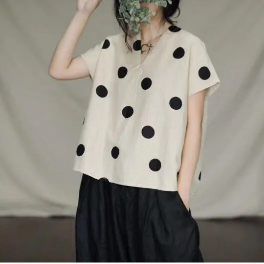 Loose Fitting Women Linen Cotton Tops  Dot Women Blouse 3/4 Sleeves Loose Style H95005