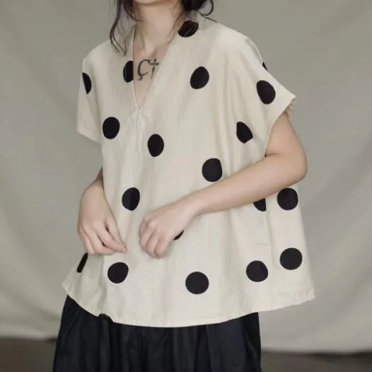 Loose Fitting Women Linen Cotton Tops  Dot Women Blouse 3/4 Sleeves Loose Style H95005