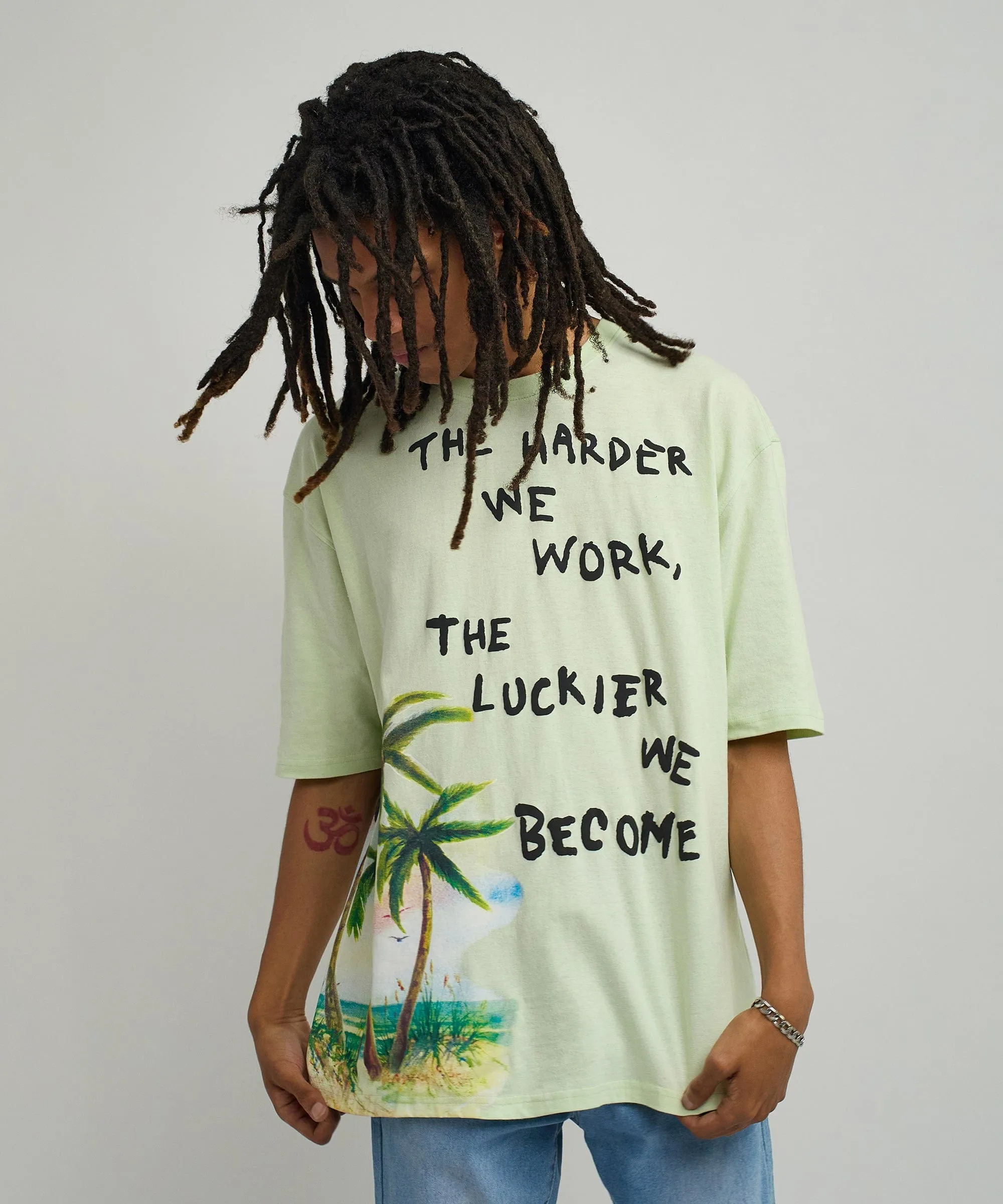 Luckier We Become Oversized Graphic Tee - Olive Green