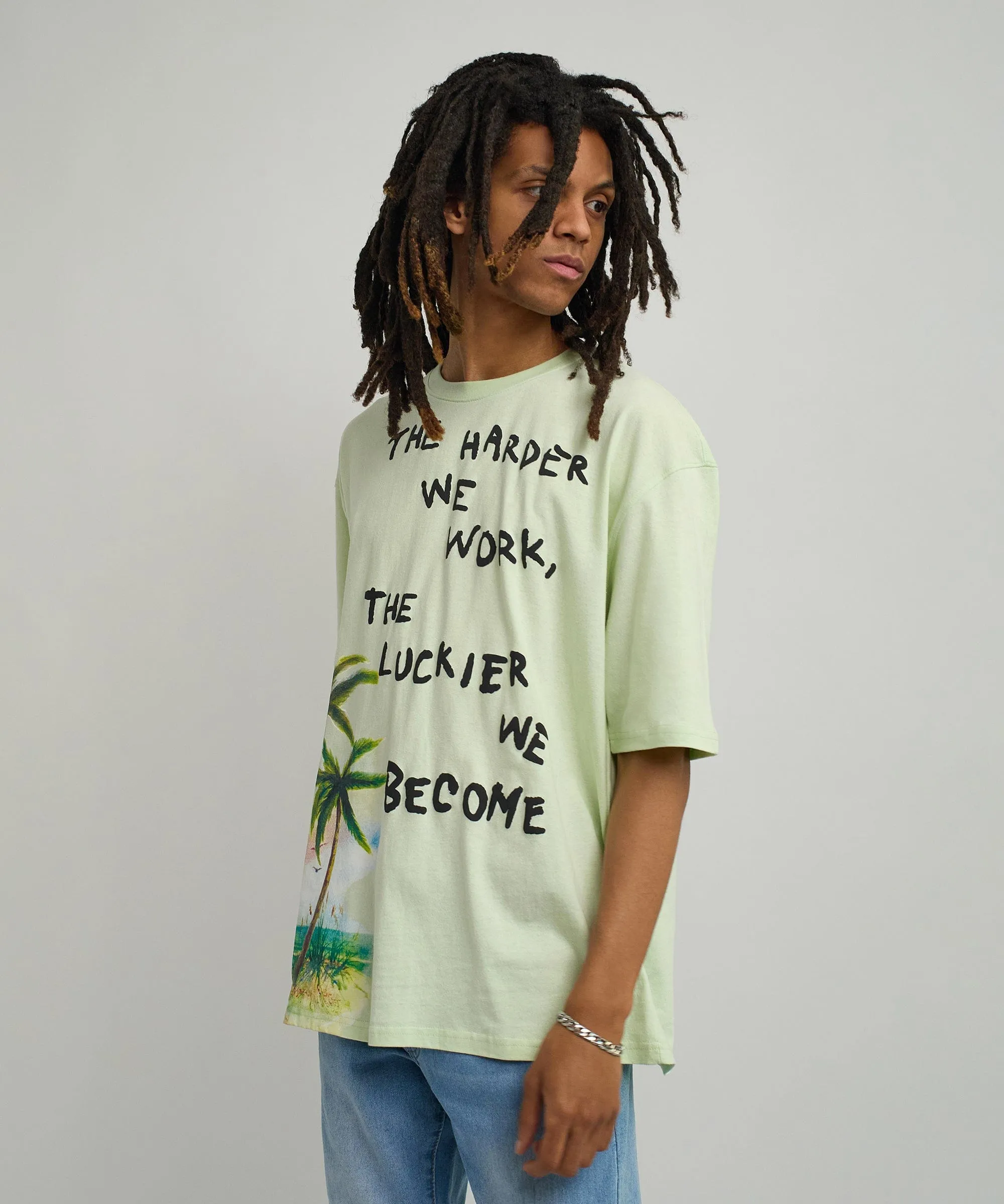 Luckier We Become Oversized Graphic Tee - Olive Green