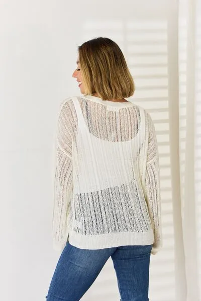 Openwork Ribbed Trim Long Sleeve Knit Top