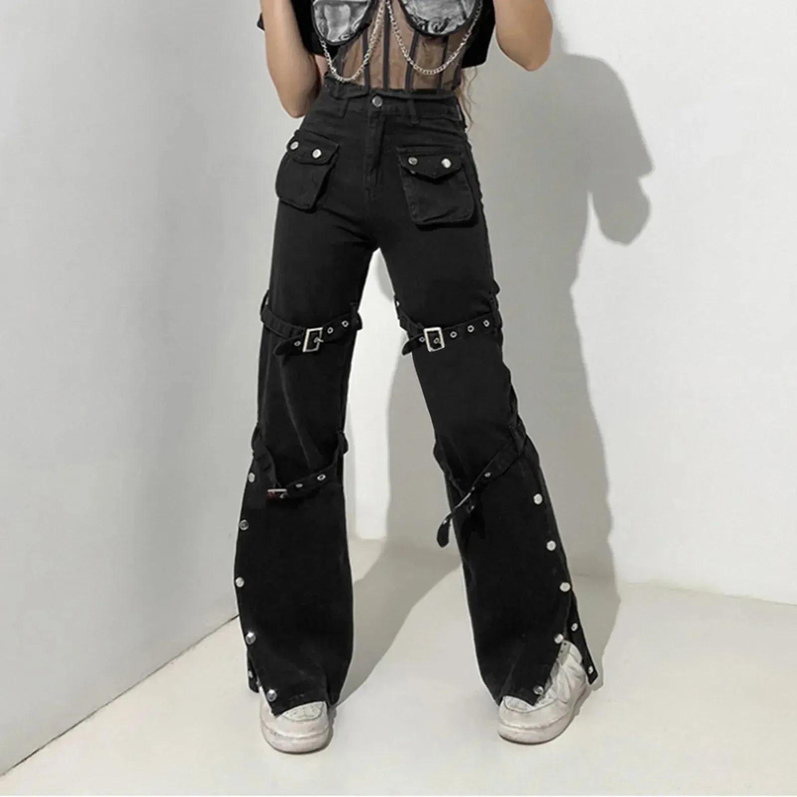 Rivet Fashion Cool High Black Punk Street Gothic Pants