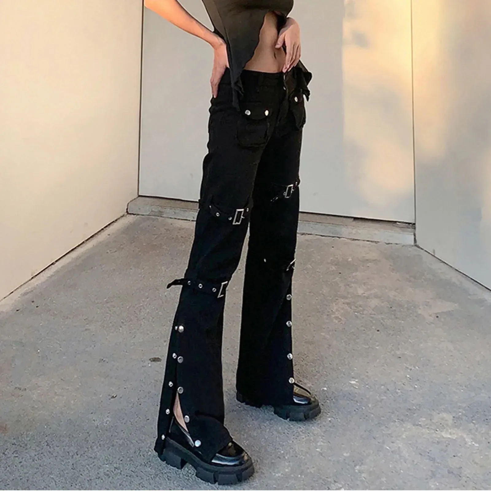 Rivet Fashion Cool High Black Punk Street Gothic Pants