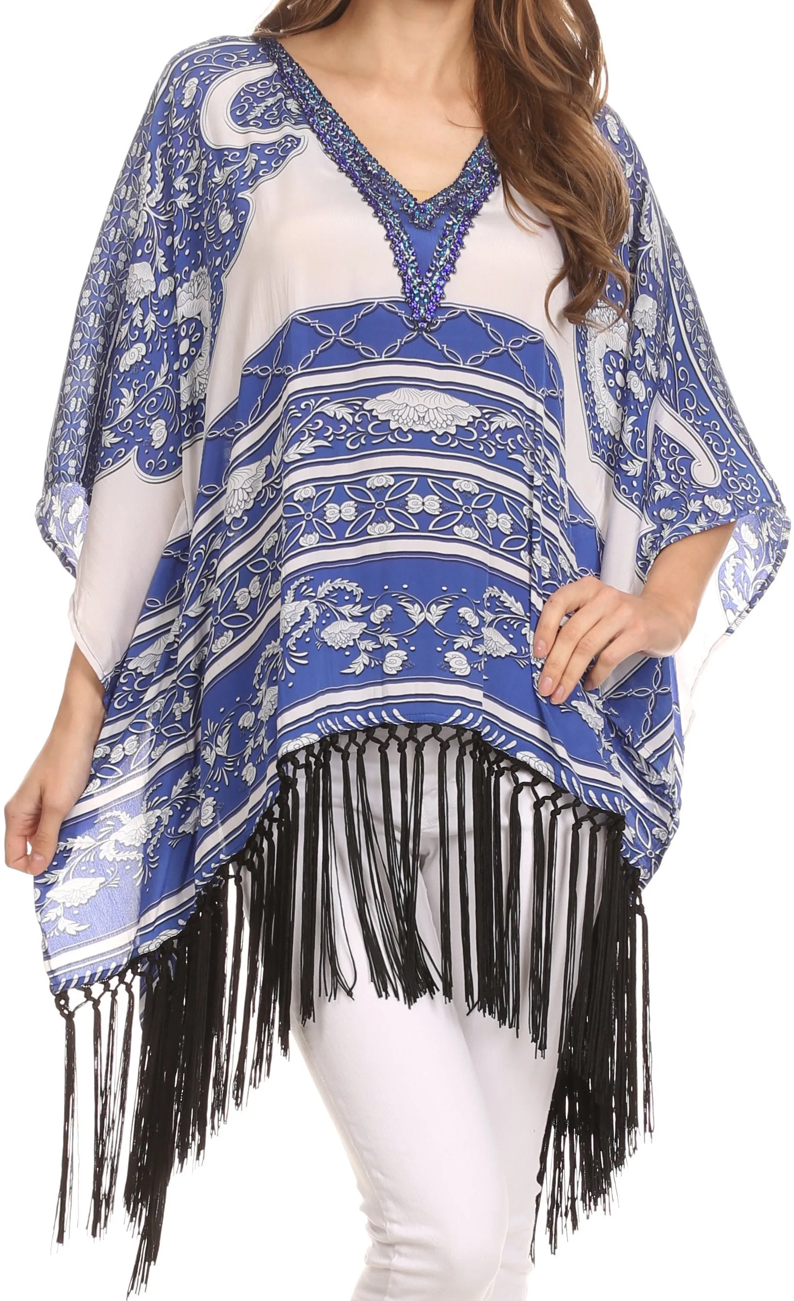 Sakkas Short Poncho Tatum Poncho Top Shirt Blouse With Knotted Fringe Tassles